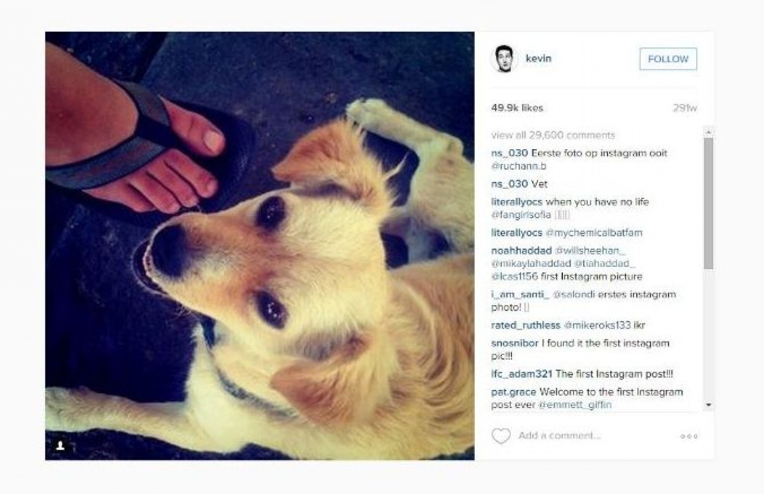 އިންސްޓަގްރާމްގައި އެންމެ ފުރަތަމަ ޝެއާކުރި ފޮޓޯ. މި ފޮޓޯއިން ވެސް ފެންނަނީ ފައި