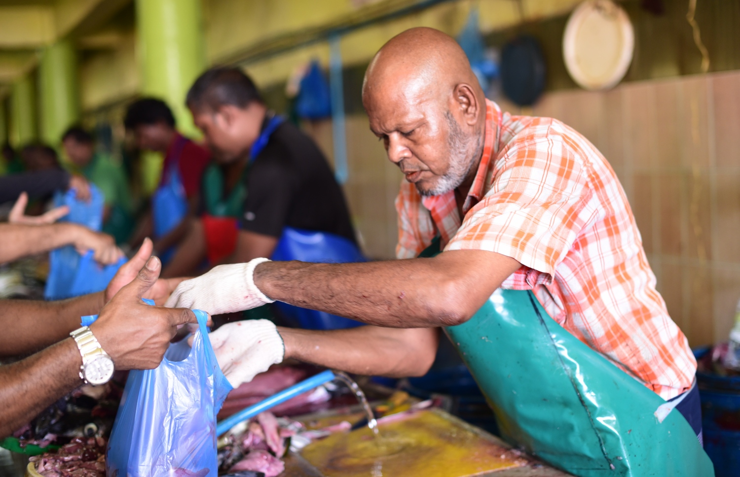 މަސް މާރުކޭޓުގައި މަސް ކެނޑުމުގެ މަސައްކަތުގައި އެންމެ ގިނަ ދުވަސް ވީ އަފީފް: ސާޅީހަކަށް ސިކުންތުގެ ތެރޭގައި އޭނާ ގޮދައެއް ކަނޑާ -- ފޮޓޯ: ހުސެން ޝަޔާހު/މިހާރު