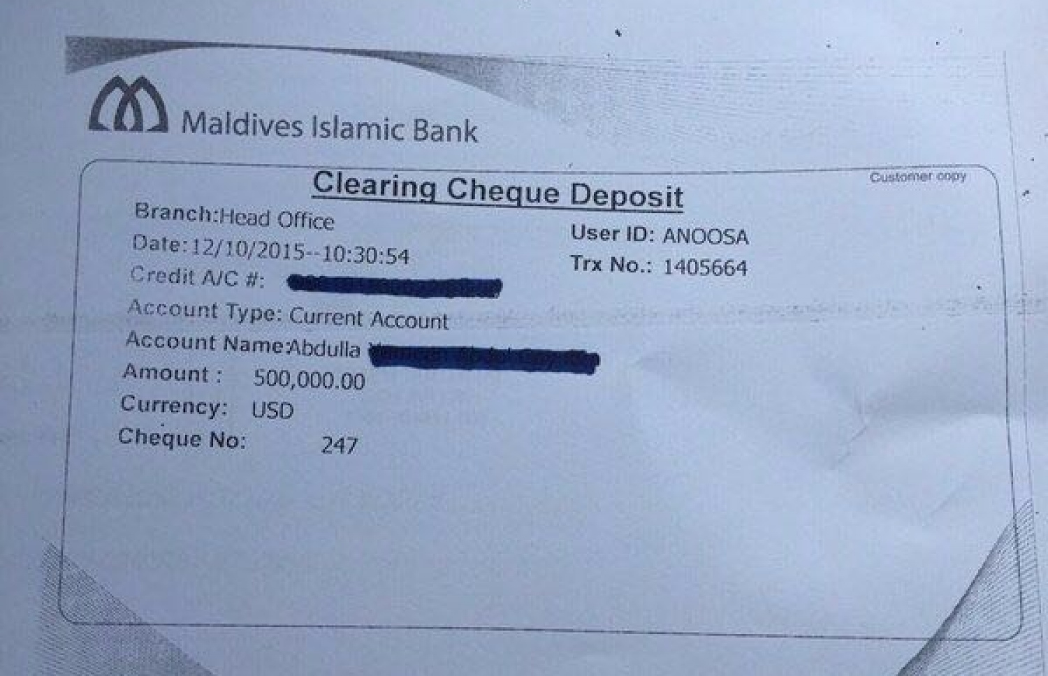 ރައީސް ޔާމީންގެ އެކައުންޓެއް ކަމަށް ބުނާ އެކައުންޓަށް އެސްއޯއެފްގެ ޗެކު ޖަމާކުރި ސްލިޕް.