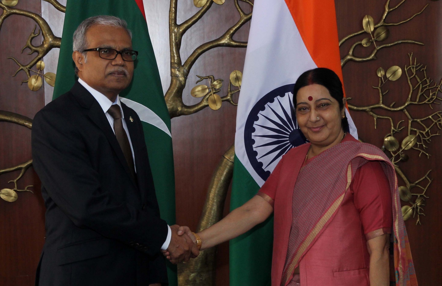 ފޮރިން މިނިސްޓަރު އާސިމް އިންޑިއާގެ އެކްސްޓާނަލް އެފެއާޒް މިނިސްޓަރު ސުޝްމާއާ މިދިޔަ އަންގާރަ ދުވަހު އިންޑިއާގައި ބައްދަލުކުރައްވަނީ: އަންނަ މަހު އޮންނަ ސީމެގުގެ ބައްދަލުވުމާ ގުޅޭ ގޮތުން މަޝްވަރާ ކުރެއްވި.-- ފޮޓޯ: އިންޑިއާގެ އެކްސްޓާނަލް އެފެއާޒް މިނިސްޓްރީ