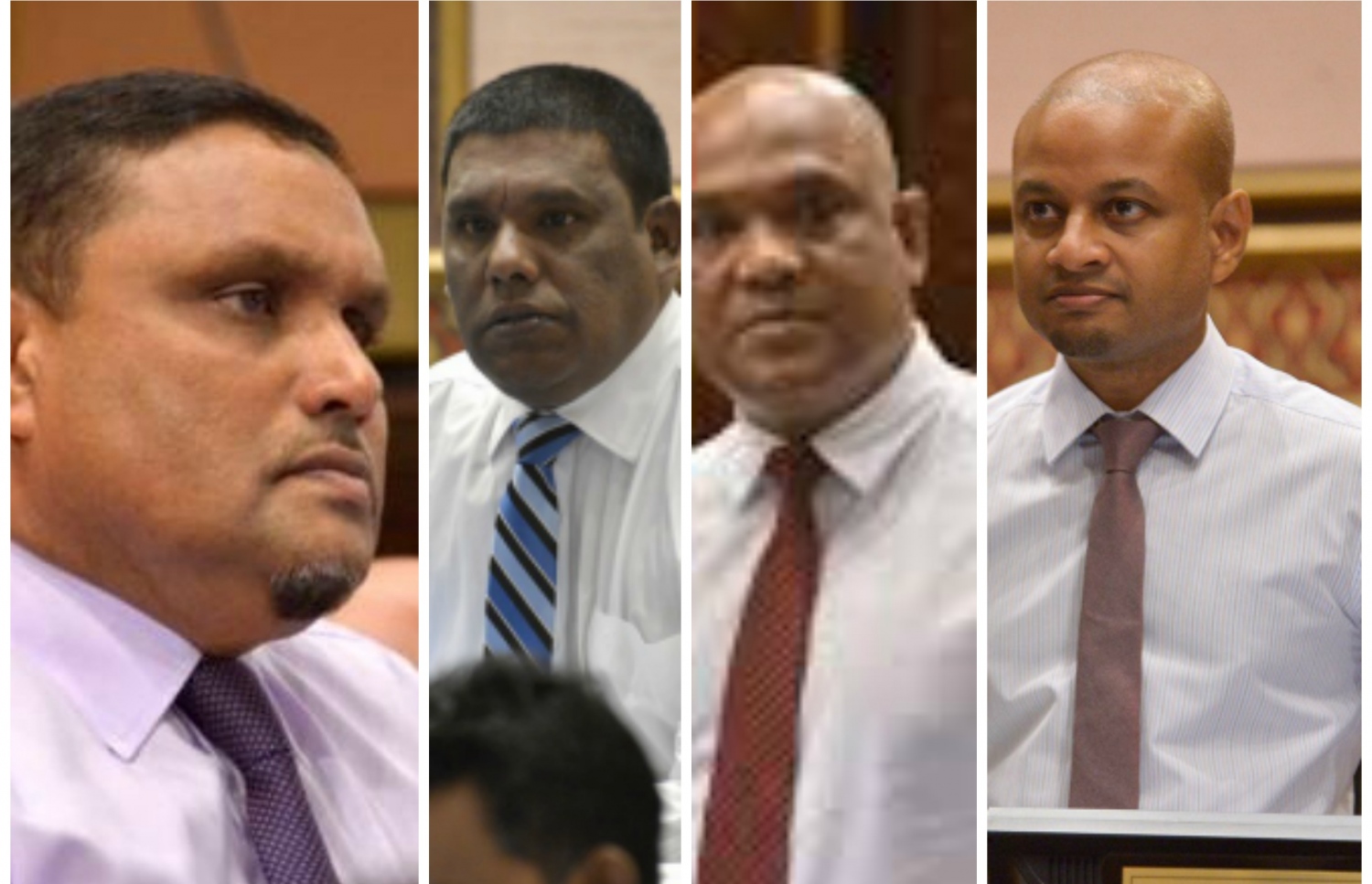 މަޖިލީހުގެ ޕީޕީއެމް ކޯލިޝަނަށް ނިސްބަތްވެވަޑައިގަންނަވާ އަދި މިއަދުގެ ބައެއް ވޯޓުތަކުގައި ވިޕާ ހިލާފުވެވަޑައިގެންނެވި ހަތަރު މެމްބަރުން. (ކ) އިން (ވ). ފާރިސް، ހުސެއިން އަރީފް، މުސްތަފާ އަދި ހުސެއިން މަނިކު ދޮން މަނިކު. - ފޮޓޯ: މަޖިލިސް