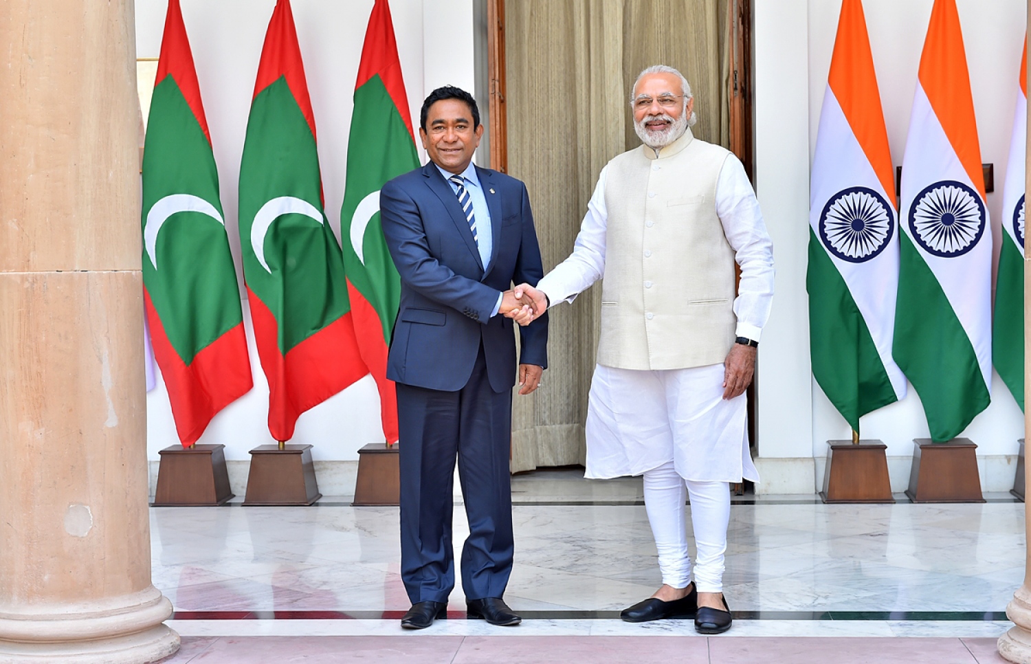 ރައީސް ޔާމީން އިންޑިއާ އަށް ކުރެއްވި ދަތުރުފުޅުގައި އެ ގައުމުގެ ބޮޑުވަޒީރު މޯދީއާ ބައްދަލުކުރައްވަނީ.-- ފައިލް ފޮޓޯ: ރައީސް އޮފީސް