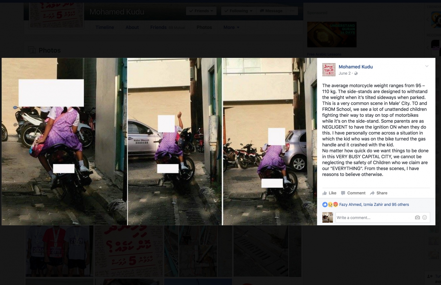 ކުޑޫގެ ފޭސްބުކް ޕޯސްޓެއް: ސައިކަލު މައްޗަށް މި ގޮތަށް ކުޑަކުދިން ދޫކޮށްލާފައި ތިބޭ މަންޒަރު އޭނާ އަށް ގިނައިން ފެނޭ.