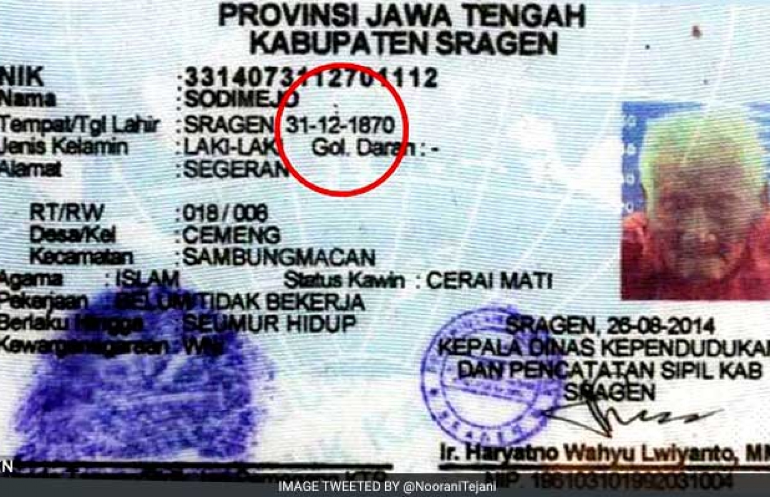 އުމުރުން މިހާރު 145 އަހަރު ވެއްޖެ ކަމަށް ބުނާ އިންޑޮނީޝިއާގެ މީހާގެ އުފަން ދުވަސް އަންގައިދޭ ރަސްމީ ލިޔުން.
