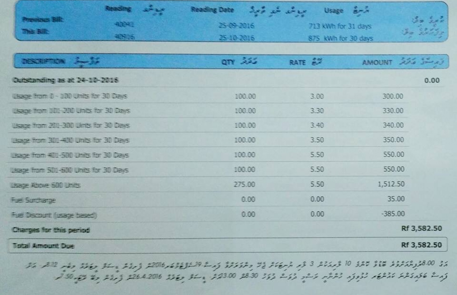 ފެނަކަ ކޯޕަރޭޝަނުން ގެއަކަށް ފޮނުވި އޮކްޓޯބަރު މަހުގެ ކަރަންޓް ބިލެއް.