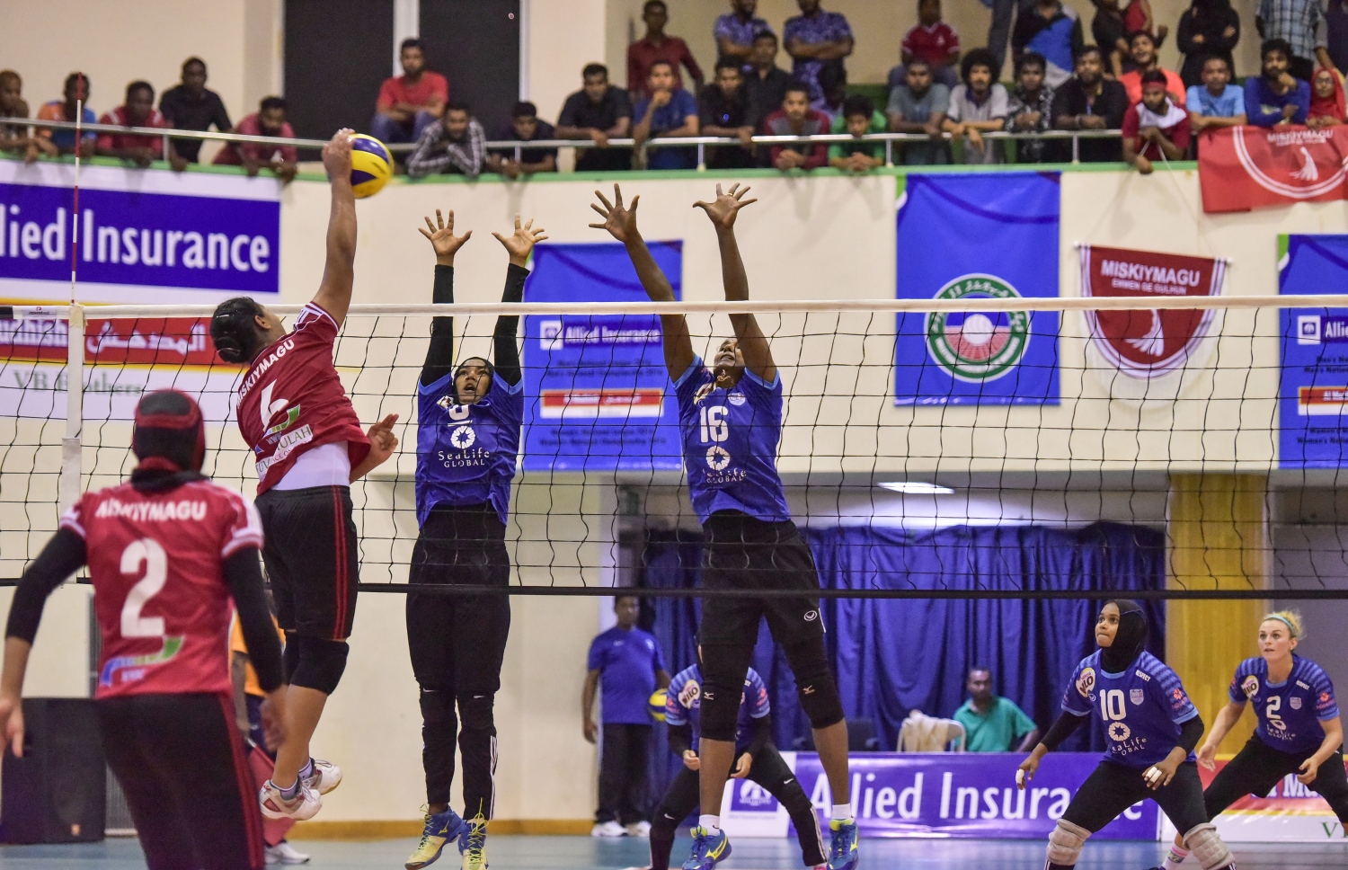 މިސްކިތްމަގު ޓީމުގެ ޝޮޓެއް ބްލޮކްކުރަން ޕޮލިހުގެ ދެ ކުޅުންތެރިން މަސައްކަތްކުރަނީ. --ފޮޓޯ: ނިޝާން އަލީ/ މިހާރު