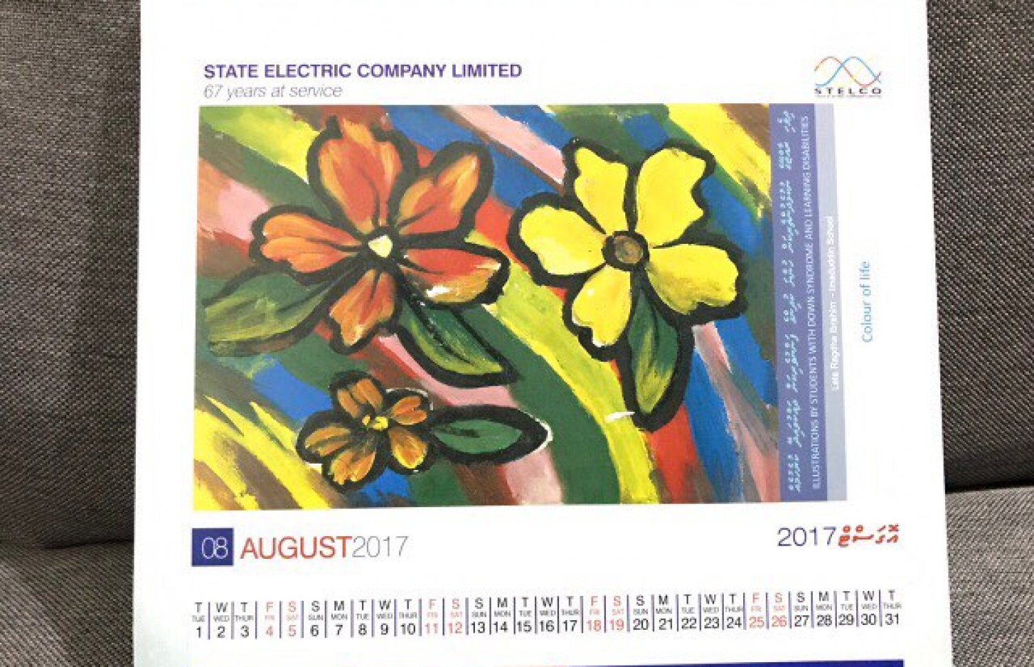 އިމާދުއްދީން ސްކޫލުގެ ހާއްސަ އެހީއަށް ބޭނުން ދަރިވަރަކު ކުރަހާފައިވާ ކުރެހުމެއް، ސްޓެލްކޯގެ އޮގަސްޓް މަހުގެ ގަނޑުގައި ހިމަނާފައި: މި ކުރެހުމުން ދައްކުވައިދެނީ ހަޔާތުގެ ކުލަތައް.-- ފޮޓޯ: ސްޓެލްކޯ