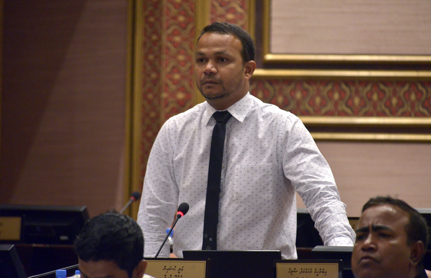 ރައްޔިތުންގެ މަޖިލީހުގެ ޖަލްސާއެއްގައި އަލީ ހުސައިން ވާހަކަ ދައްކަވަނީ. --ފޮޓޯ މަޖިލިސް