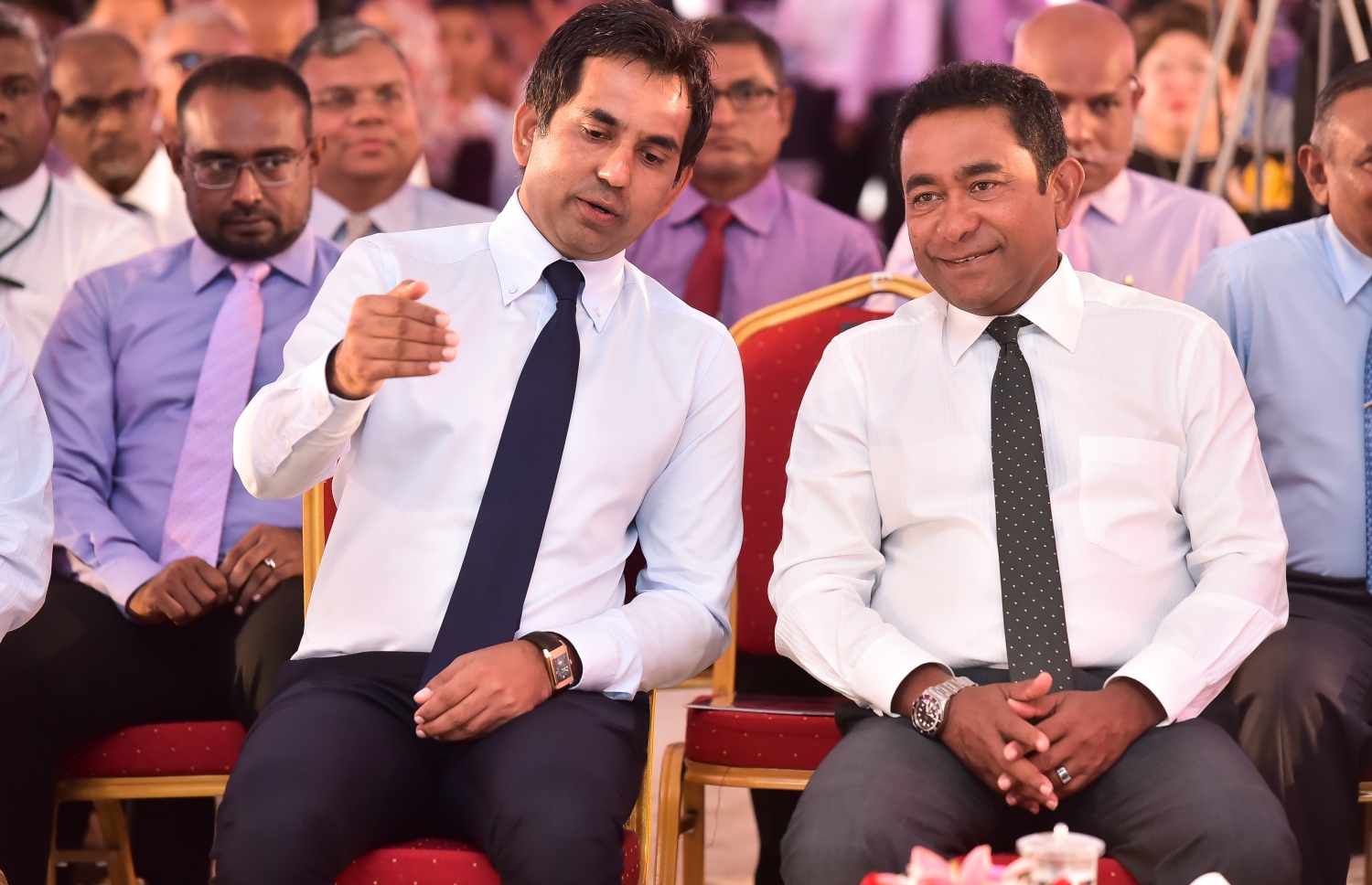 ހުޅުލެ: ފެބްރުއަރީ 27، 2017: ވެލާނާ އިންޓަނޭޝަނަލް އެއާޕޯޓްގެ އާ ރަންވޭގެ އަމަލީ މަސައްކަތް ފެށުމަށް ބޭއްވި ރަސްމިއްޔާތުގައި ރައީސް ޔާމީން އާ، އެކޮނޮމިކް މިނިސްޓަރު މުހައްމަދު ސައީދު (ވ) ވާހަކަ ދައްކަވަނީ.-- ފޮޓޯ: ނިޝާން އަލީ /މިހާރު