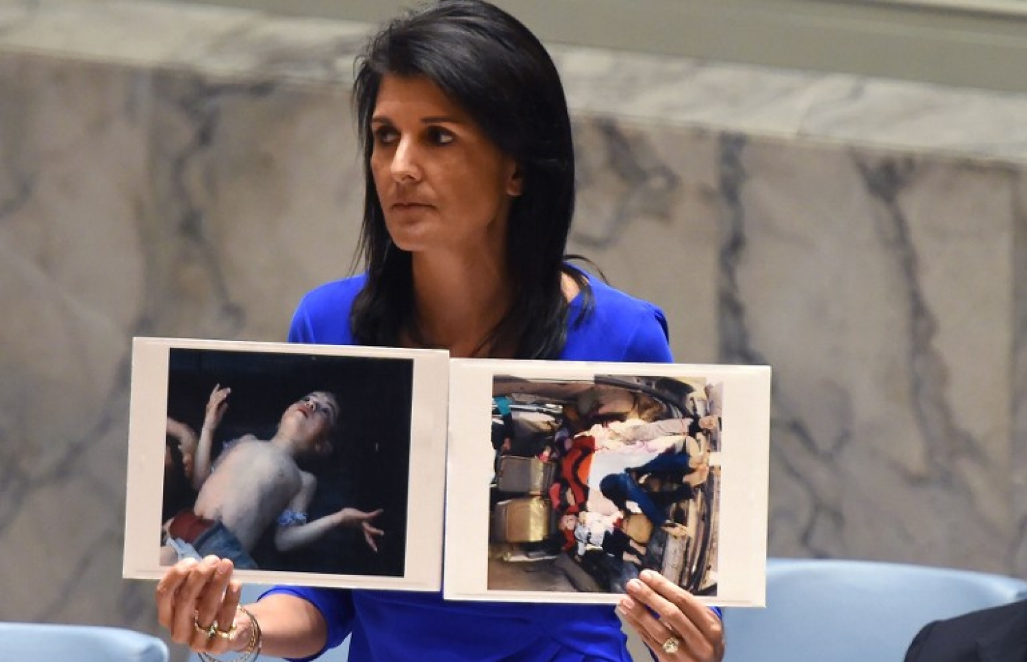 ސަލާމަތީ މަޖިލީހުގައި ވާހަކަ ދައްކަވަމުން، ސީރިއާ އަށް ދިން ކެމިކަލް ހަމަލާގައި ގެއްލުން ލިބުނު ކުޑަ ކުދިންގެ ފޮޓޯތައް އެމެރިކާ ސަފީރު ހޭލީ ދައްކާލައްވަނީ. --ފޮޓޯ:އޭއެފްޕީ