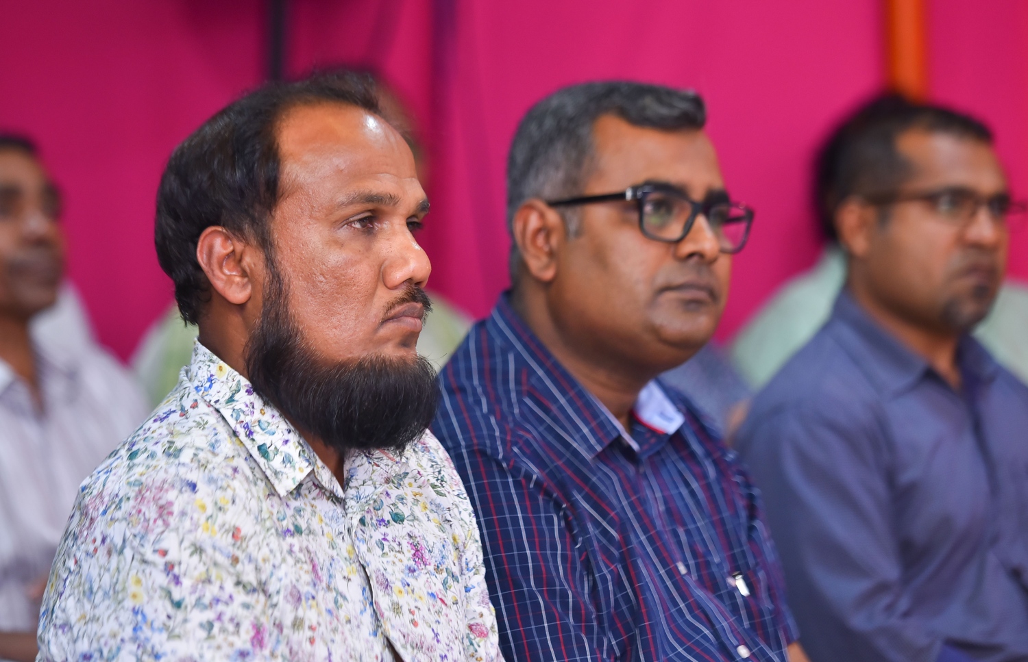 މާލެ، މޭ 14، 2017- ޕީޕީއެމް ކޯލިޝަނުން އެމްޑީއޭގެ ޖަގަހައިގައި ބޭއްވި ޖަލްސާގައި އެ ކޯލިޝަންގެ ބައެއް އިސްވެރިން.---މިހާރު ފޮޓޯ: ހުސެއިން ވަހީދު