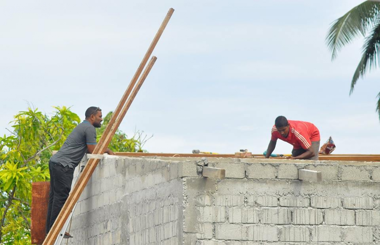 ނަގޫރޯޅީގައި ފުރާޅު އެއްލާލި ގެއެއްގެ ފުރާޅު މަރާމާތު ކުރަނީ. ފޮޓޯ: ކިޔުންތެރިއެއް.