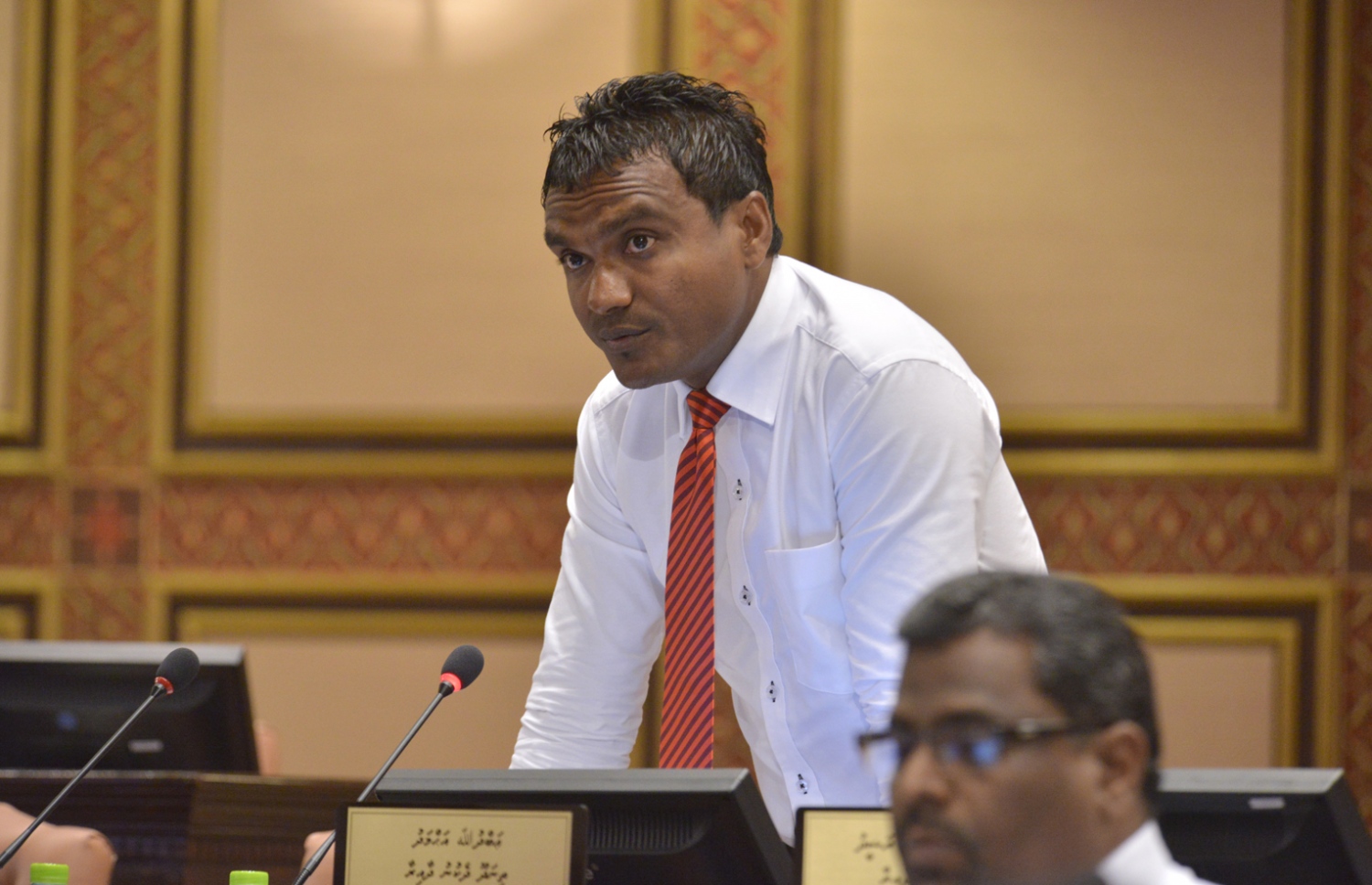 ތިނަދޫ ދެކުނު ދާއިރާގެ މެމްބަރު އަބްދުﷲ އަހުމަދު ޖަލްސާއެއްގައި ވާހަކަ ދައްވަނީ. - ފޮޓޯ: މަޖިލިސް