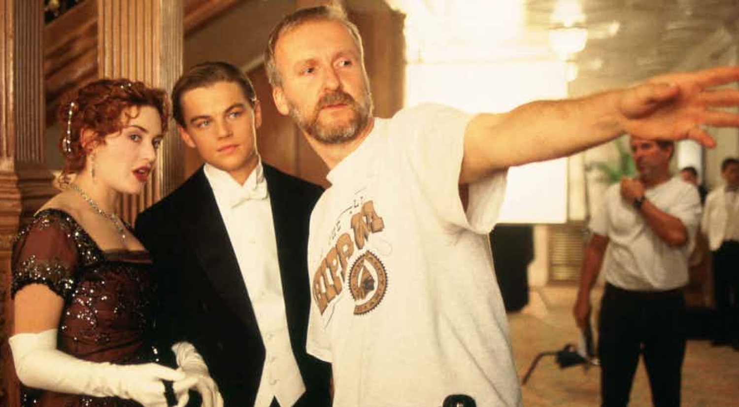 ޓައިޓޭނިކް" ގެ ޝޫޓިންގައި ކެމެރަން، ލިއޮނާޑޯ އަދި ކޭޓް.