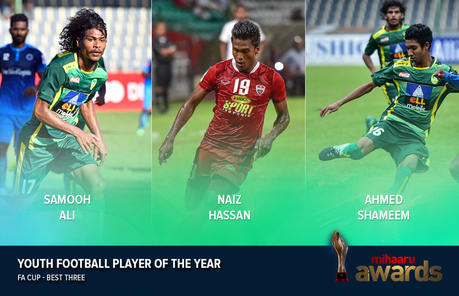 މިހާރު އެވޯޑްސްގެ އެންމެ މޮޅު ޒުވާން ފުޓްބޯޅަ ކުޅުންތެރިޔާގެ އެވޯޑަށް އެފްއޭ ކަޕުން ވާދަކުރާ ތިން ކުޅުންތެރިން (ކ-ވ) ޝަމީމް، ދާދު އަދި ސަމުއްޓެ. --ފޮޓޯ: ނިޝާން އަލީ