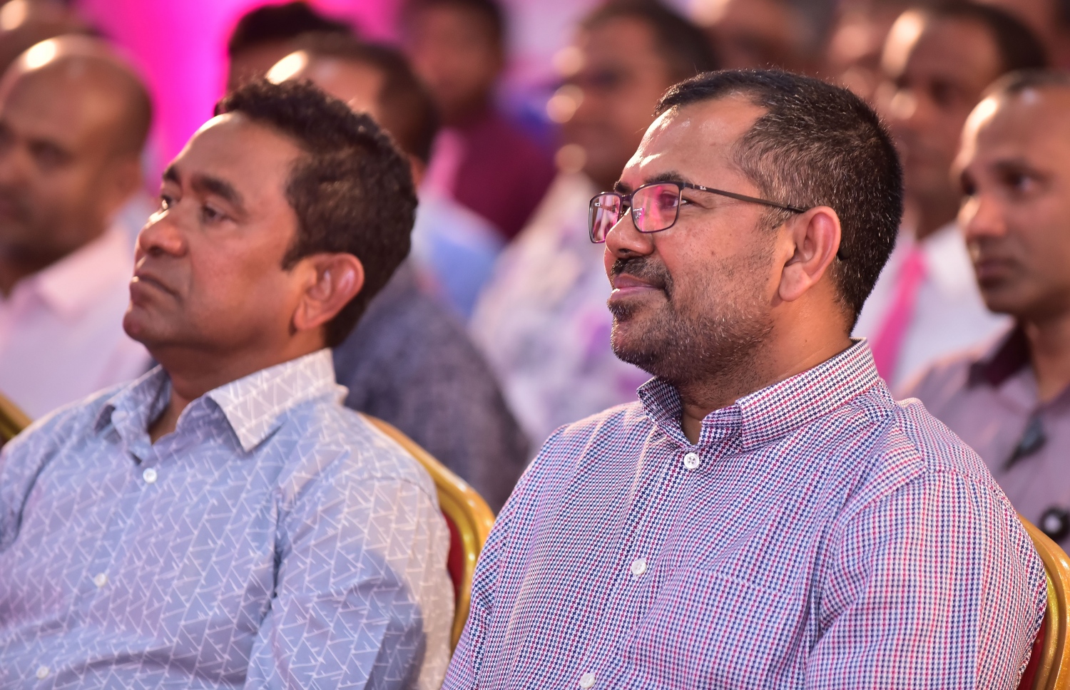 މާލެ: ޖެނުއަރީ 29، 2018- ޕީޕީއެމުން ބޭއްވި ޖަލްސާގައި ރައީސް ޔާމީނާއި ޕީޕީއެމްގެ ޑެޕިއުޓީ ލީޑަރު މޫސާ ޒަމީރު ބައިވެރިވެވަޑައިގަންނަވަނީ.---ފޮޓޯ: ނިޝާން އަލީ/މިހާރު