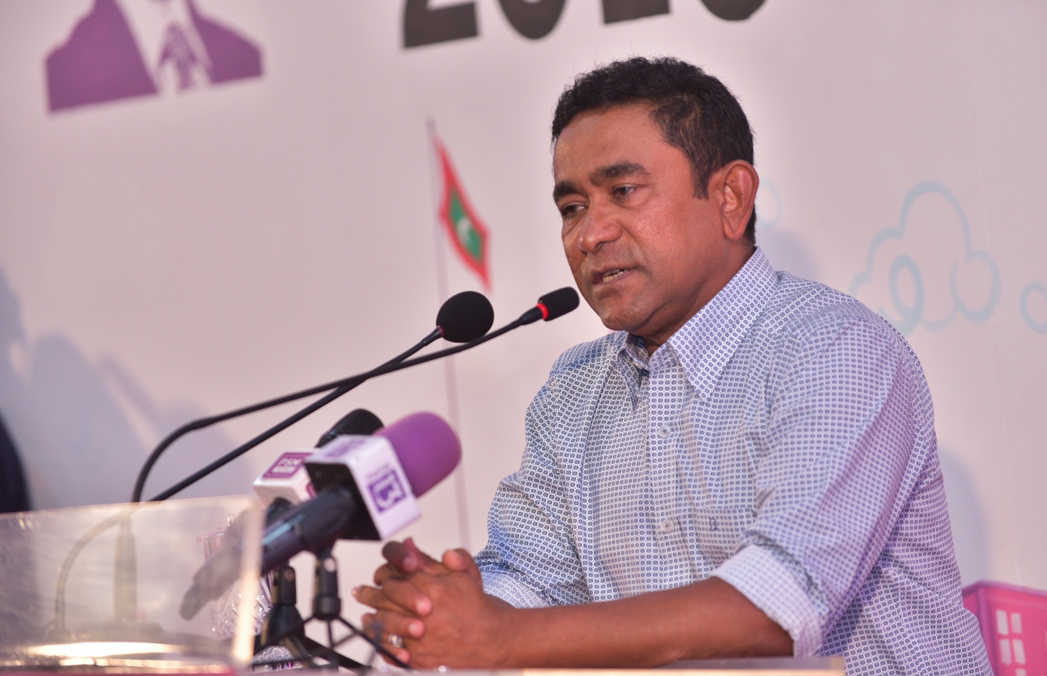 މާލެ: ފެބްރުއަރީ 14، 2018- ވެރިކަން ކުރާ ޕާޓީ، ޕީޕީއެމުން މިރޭ ބޭއްވި ޖަލްސާގައި ރައީސް ޔާމީން ވާހަކަފުޅު ދައްކަވަނީ.---ފޮޓޯ: ހުސެއިން ވަހީދު/މިހާރު