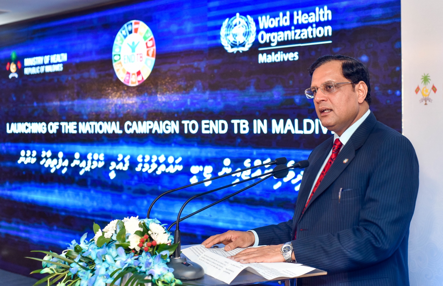 ޓީބީ ނައްތާލުމުގެ ގައުމީ ކެމްޕެއިން ފެށުމުގެ ރަސްމިއްޔާތުގައި، ރާއްޖޭގައި ހުންނަވާ ޑަބްލިއުއެޗްއޯގެ މަންދޫބު އަރްވިންދް މިއަދު ވާހަކަ ދައްކަވަނީ.--- ފޮޓޯ: ނިޝާން އަލީ/މިހާރު