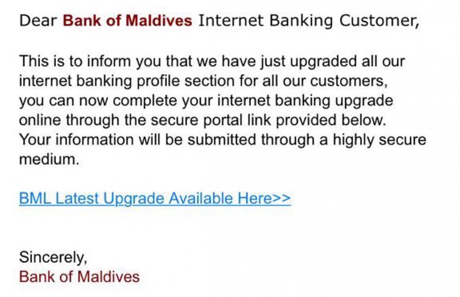 ބީއެމްއެލްގެ ނަމުގައި މިހާރު ފޮނުވަމުން އަންނަ ފޭކް އީމެއިލް.