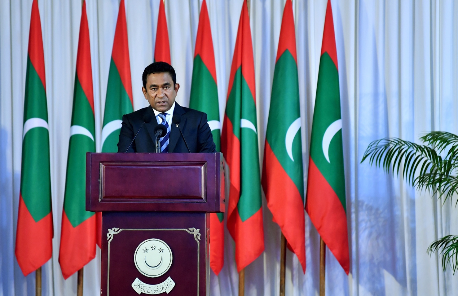 ރައްޔިތުންގެ މަޖިލީހުގެ މިއަހަރުގެ ފުރަތަމަ ދައުރުގެ ފުރަތަމަ ޖަލްސާގައި ރައީސް އަބްދުﷲ ޔާމީން ރިޔާސީ ބަޔާން އިއްވަވައިދެއްވަނީ.-- ފޮޓޯ: ރައީސް އޮފީސް