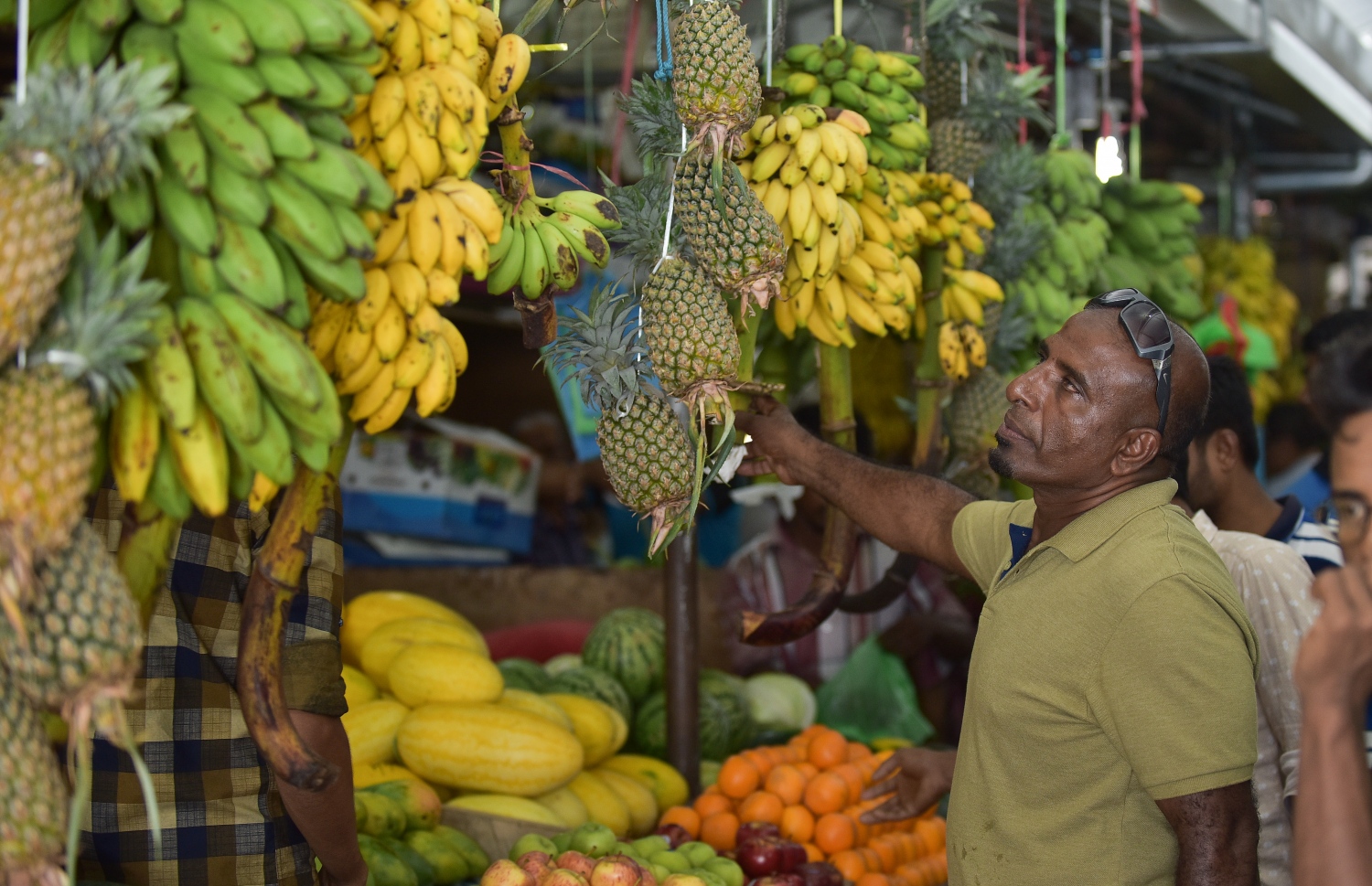 މުލަ ރޯދަ ދުވަހު ލޯކަލް މާރުކޭޓުގައި ވިއްކަން ބަހައްޓާފައި ހުރި މޭވާތަކެއް މީހަކު ބަލަނީ: ގިނަ ބާވަތްތަކުގެ އަގު މިހާރު ވަނީ ކޮންޓްރޯލްވެފައި.---ފޮޓޯ: ނިޝާން އަލީ/މިހާރު