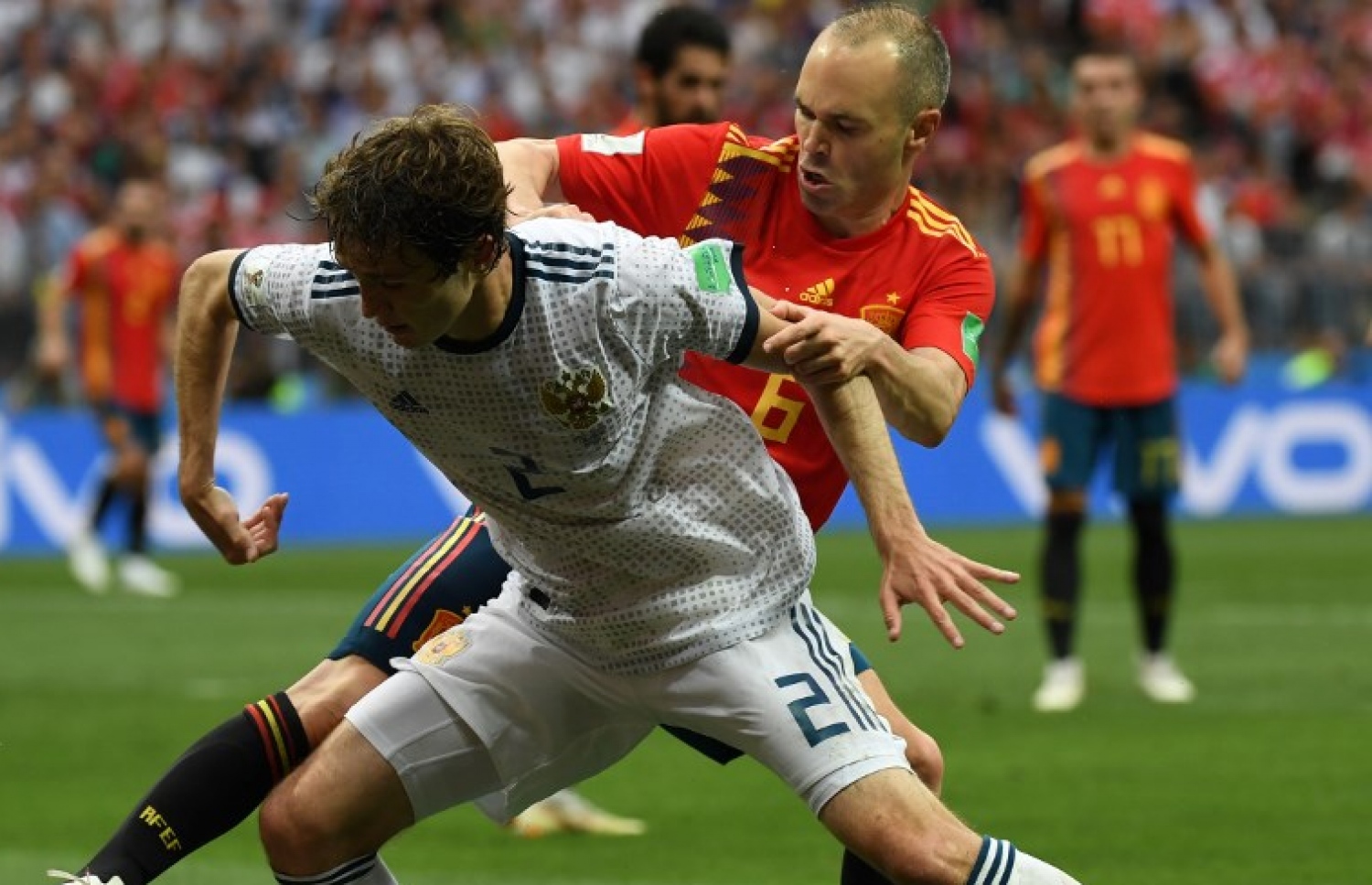 މޮސްކޯ: ޖުލައި 1، 2018: ވޯލްޑް ކަޕް ފުޓްބޯޅަ މުބާރާތުގައި ސްޕެއިން އާ ރަޝިއާ ކުޅުނު މެޗުގެ ތެރެއިން: ޕެނަލްޓީ ޖަހައިގެން 4-3 އިން 2010 ވަނަ އަހަރުގެ ޗެމްޕިއަން ސްޕެއިން ބަލިކޮށް ދުނިޔެ ހައިރާންކޮށްލުމަށް ފަހު ރަޝިއާ މުބާރާތުގެ ކުއާޓާ ފައިނަލުން ވަނީ ފުރުސަތު ހޯދައިފައި.-- ފޮޓޯ: އޭއެފްޕީ