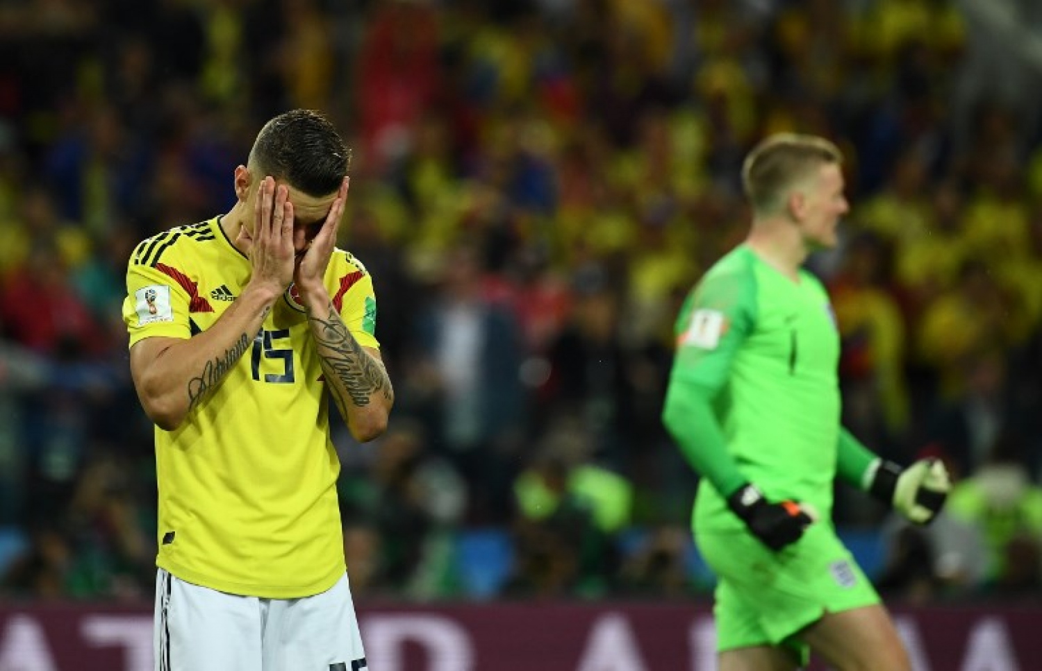 މޮސްކޯ: ޖުލައި 3، 2018: ވޯލްޑް ކަޕް ފުޓްބޯޅަ މުބާރާތުގައި އިންގްލެންޑް އާ ކޮލަމްބިއާ ކުޅުނު މެޗުގެ ތެރެއިން: ވޯލްޑް ކަޕް ފުޓްބޯޅަ މުބާރާތުގައި ޕެނަލްޓީ ޖަހައިގެން ކޮލަމްބިއާ އަތުން 4-3 އިން މޮޅުވެ އިންގްލެންޑް މުބާރާތުގެ ކުއާޓާ ފައިނަލުން ވަނީ ފުރުސަތު ހޯދައިފައި.-- ފޮޓޯ: އޭއެފްޕީ