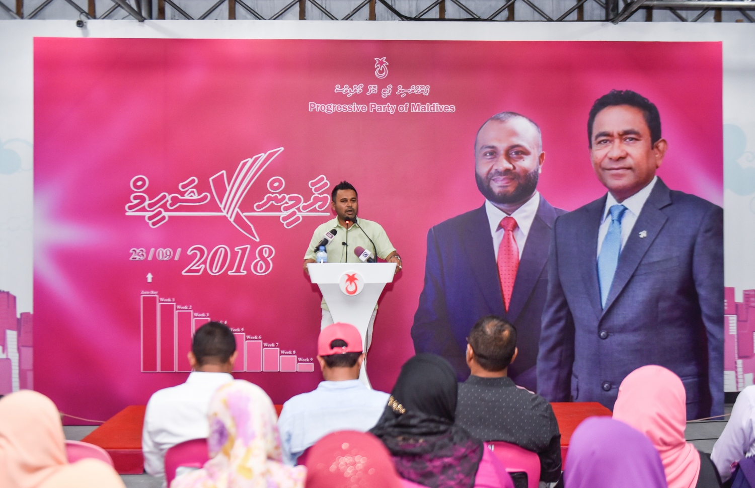 މާލެ: އޮގަސްޓް 17، 2018- މި އަހަރުގެ ރިޔާސީ އިންތިޚާބުގެ ކެމްޕެއިނާ ގުޅުވައިގެން، ޕީޕީއެމުން އެ ޕާޓީގެ "ރުމާލު 2" ޖަގަހައިގައި ބޭއްވި ޖަލްސާގައި ނައިފަރު ދާއިރާގެ މެމްބަރު ޝިޔާމް ވާހަކަ ދައްކަވަނީ.---ފޮޓޯ: ހުސައިން ވަހީދު/މިހާރު