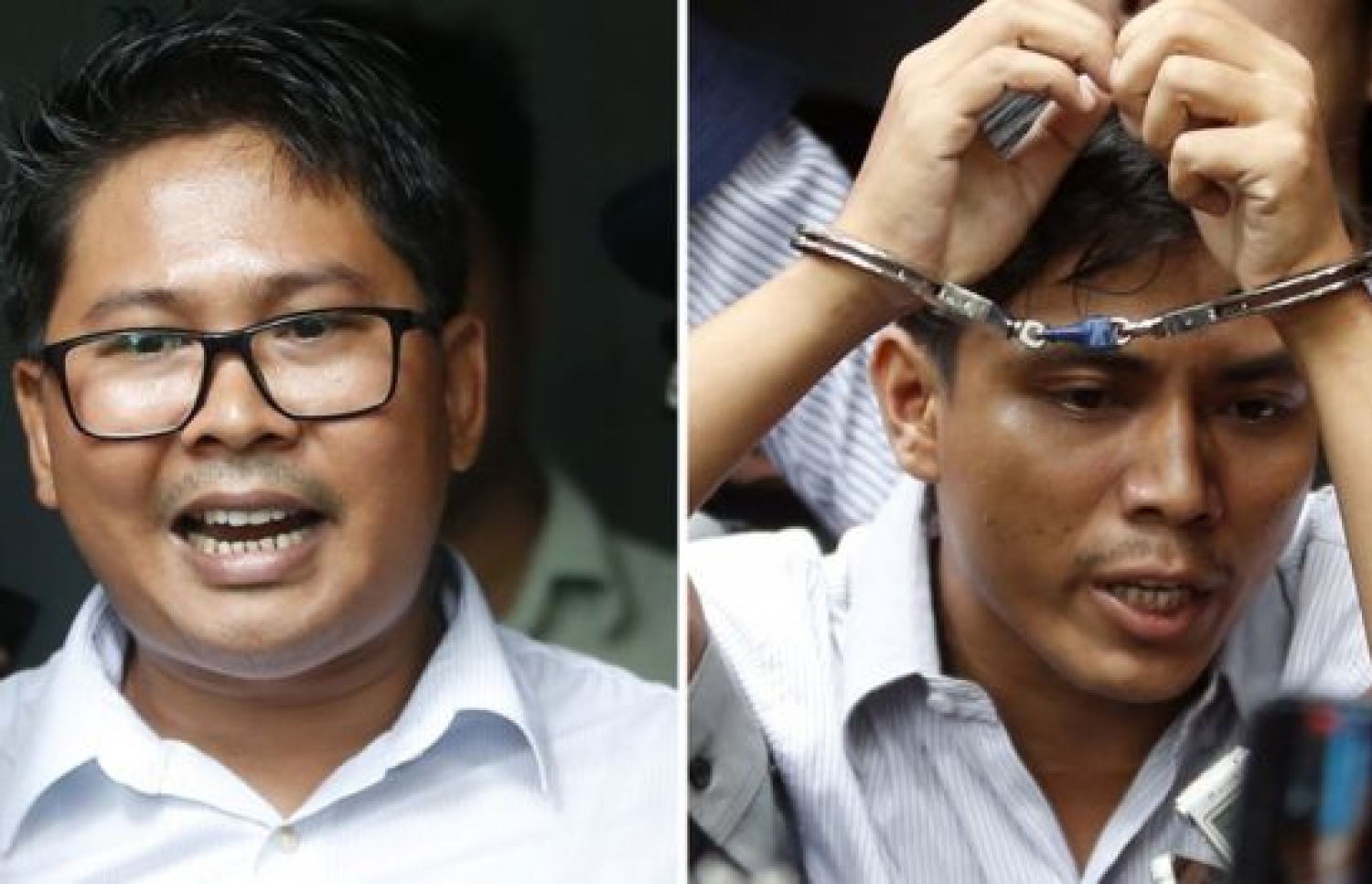 ޖަލަށް ހުކުމްކުރި ރޮއިޓާސްގެ ދެ ނޫސްވެރިން ކަމަށްވާ ވަ ލޯން (ވ) އާއި ކިޔޯ ސޮއެ. --ފޮޓޯ:އީޕީއޭ