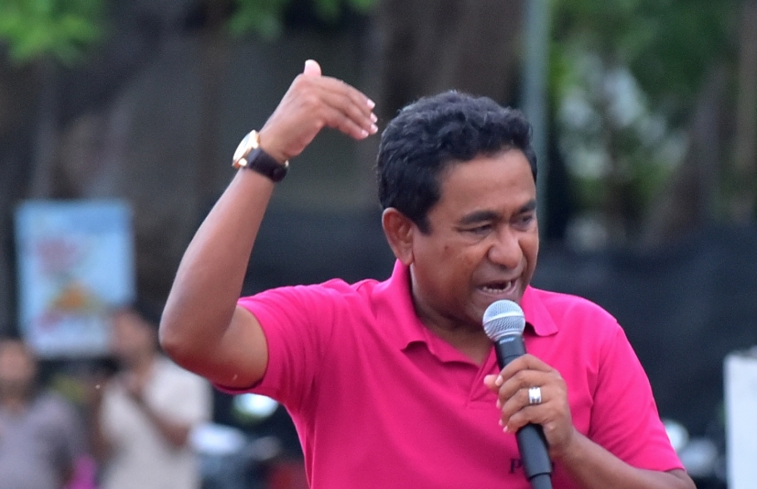 ރިޔާސީ އިންތިހާބުގެ ކެމްޕެއިން ނިންމާލުމަށް ބޭއްވި ހާއްސަ ކެމްޕެއިން ރެލީގައި ރައީސް ޔާމީން ވާހަކަފުޅު ދައްކަވަނީ. - ފޮޓޯ: ނިޝާން އަލީ/ މިހާރު