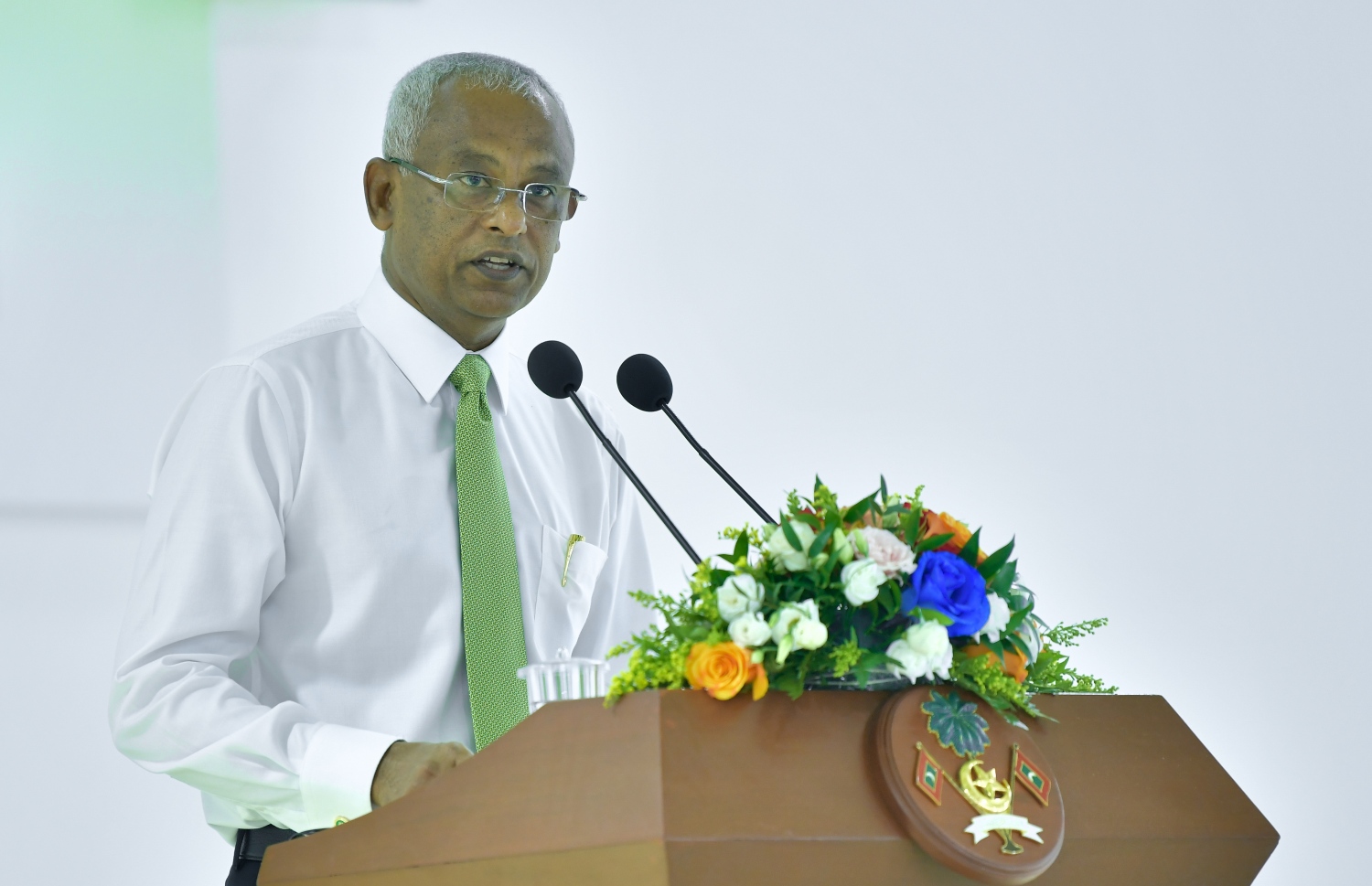 ހުޅުމާލެ: ޖެނުއަރީ 13، 2019- ރާއްޖޭގައި މިހާތަނަށް އިމާރާތްކުރި އެންމެ ބޮޑު ސްކޫލް، ހުޅުމާލޭގެ ހުރަވީ ސްކޫލް ރަސްމީކޮށް ހުޅުއްވައި ދެއްވުމަށް ފަހު ރައީސް އިބްރާހިމް މުހައްމަދު ސޯލިހް ވާހަކަފުޅު ދައްކަވަނީ.--- ފޮޓޯ: އަހުމަދު ނިޝާތު/މިހާރު