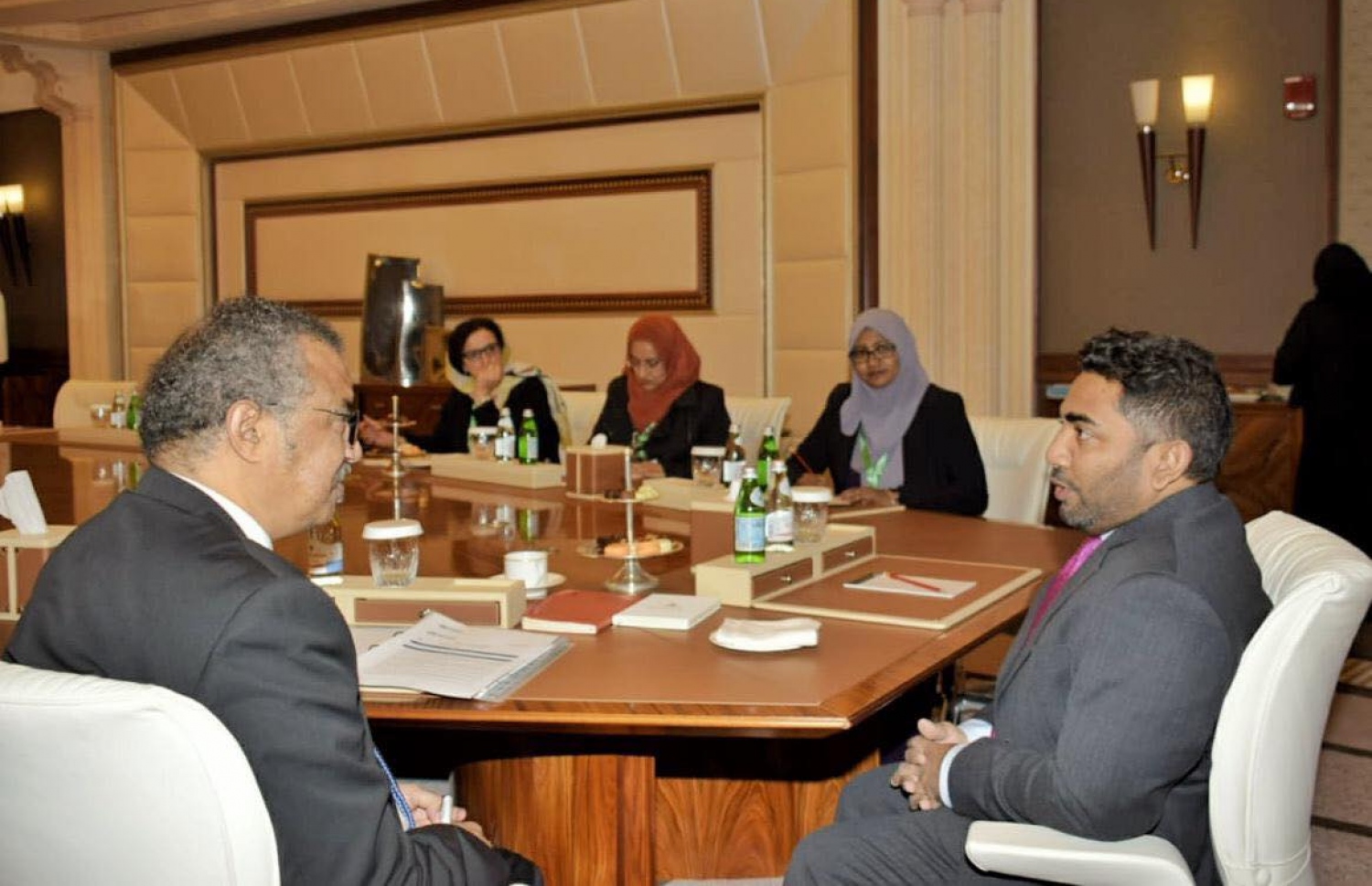 ހެލްތު މިނިސްޓަރު އަމީން، ޑަބްލިއުއެޗްއޯގެ ޑިރެކްޓަރު ޖެނެރަލް އަމީންއާ ބައްދަލު ކުރައްވަނީ. --- ފޮޓޯ: ހެލްތު މިނިސްޓްރީ