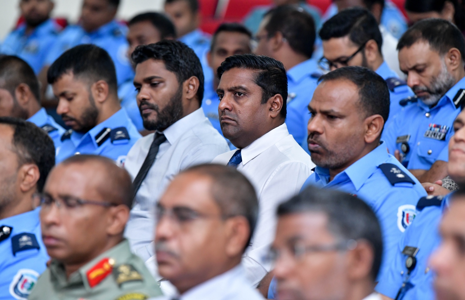 މާލެ: މާޗް 5، 2019- ފުލުހުންގެ މަސައްކަތްތައް އިސްލާހު ކުރުމަށްޓަކައި ބޭއްވި މަހާސިންތާ ފެށުމުގެ ރަސްމިއްޔާތުގެ ތެރެއިން.---ފޮޓޯ: އަހުމަދު ނިޝާތު/މިހާރު