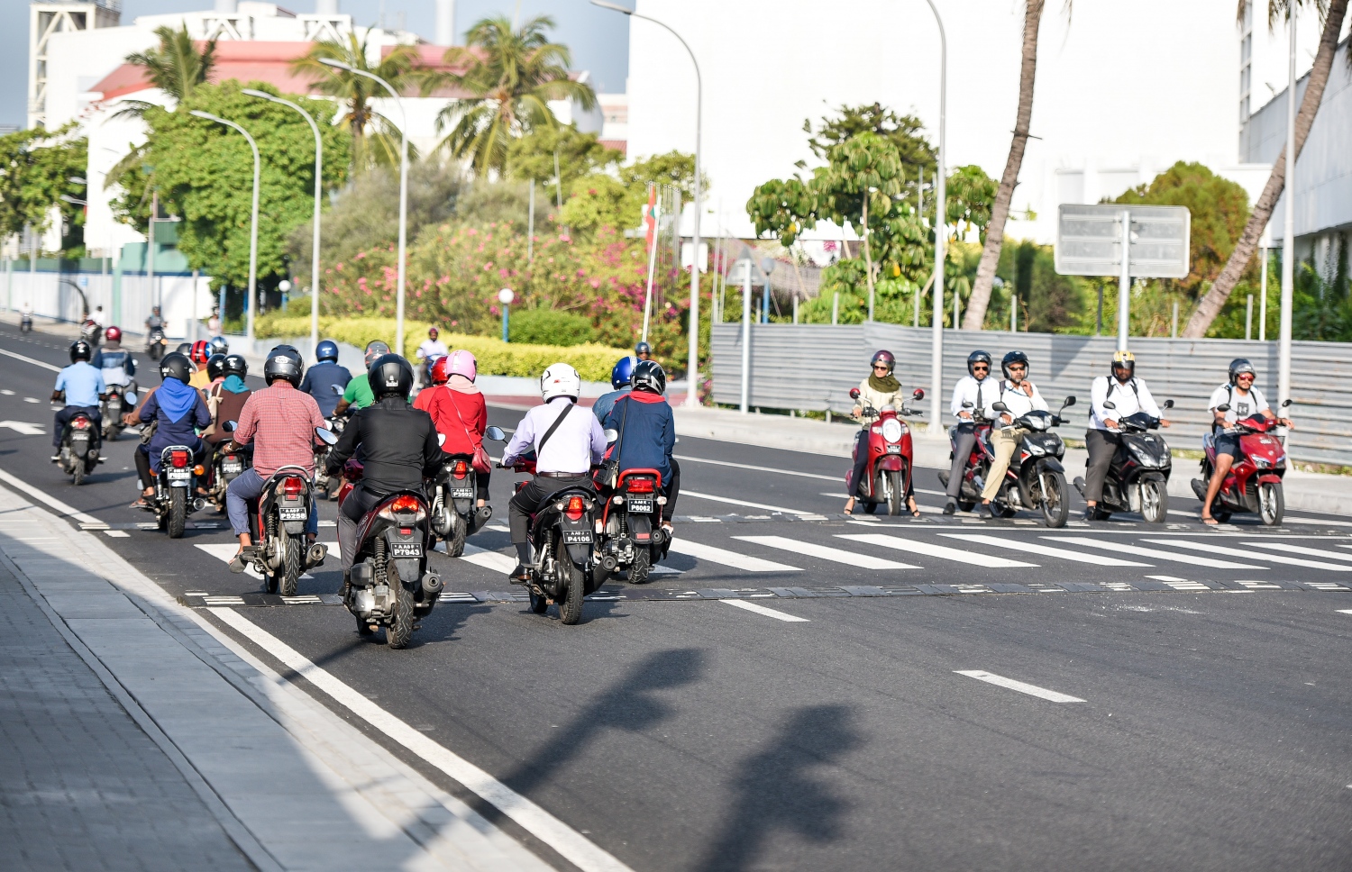 މާލެ: މާޗް 10، 2019- ބްރިޖާއި ހައިވޭން ދަތުރު ކުރާއިރު ހެލްމެޓް އެޅުން މަޖުބޫރު ކުރުމުން މިއަދު ހެނދުނު ހެލްމެޓް އަޅައިގެން ބަޔަކު ސައިކަލްގައި ދަނީ.---ފޮޓޯ: އަހުމަދު ނިޝާތު/މިހާރު