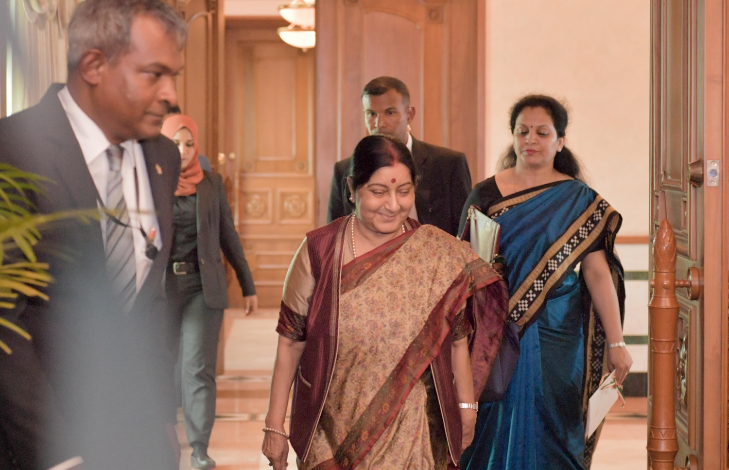 އިންޑިއާގެ އެކްސްޓާނަލް އެފެއާޒް މިނިސްޓަރު ސުޝްމާ މިއަދު ރައީސް އޮފީހުގައި.---ފޮޓޯ: ރައީސް އޮފީސް