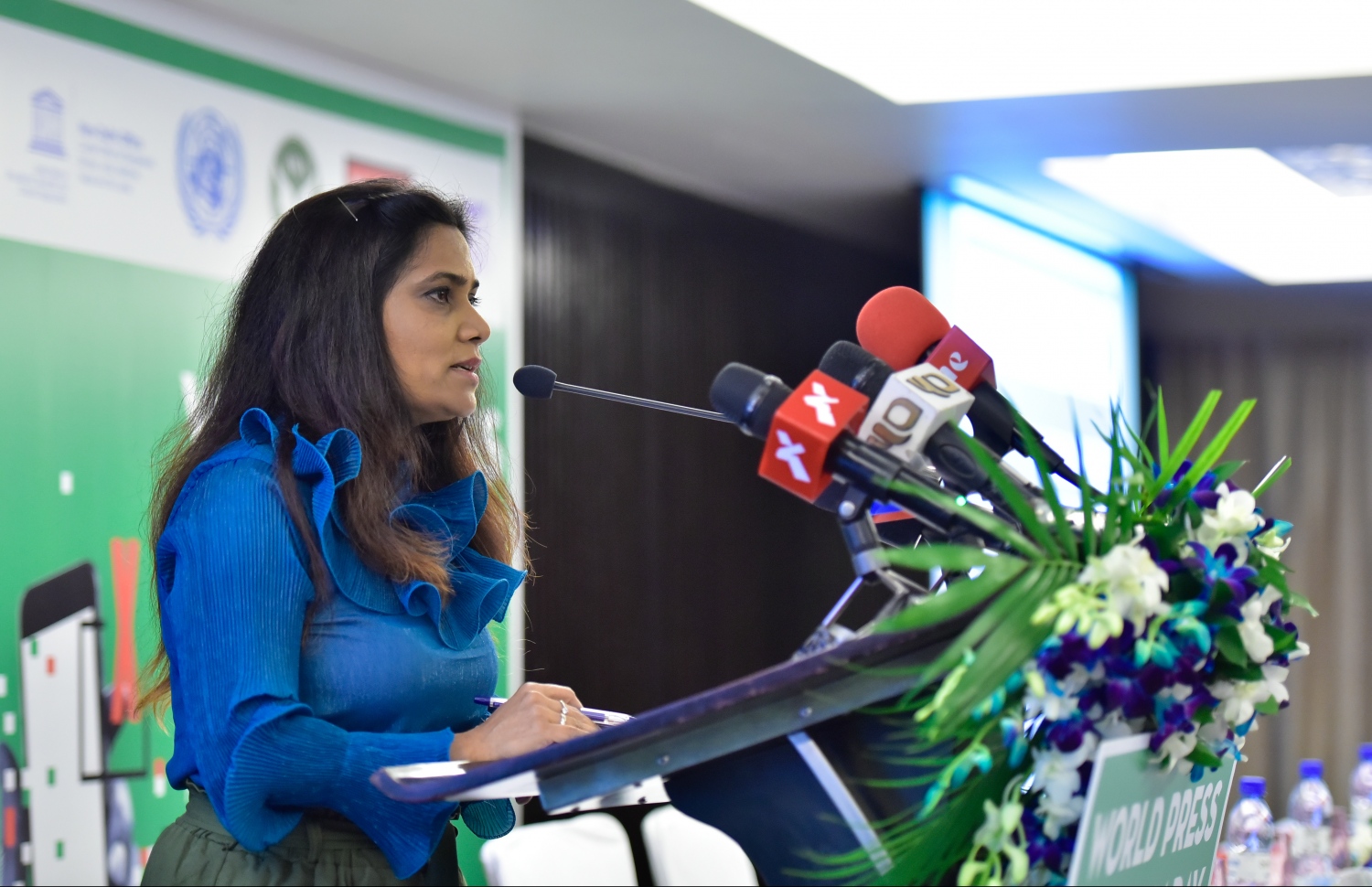 މާލެ- މޭ 2، 2019- މިއަހަރުގެ ނޫސްވެރިކަމުގެ މިނިވަންކަމުގެ ދުވަސް ފާހަގަކުރުމުގެ ގޮތުން ހޮޓެލް ޖެންގައި ބޭއްވި ރަސްމިއްޔާތުގައި މަރިޔަމް ވަހީދާ ވާހަކަ ދައްކަވަނީ.--- ފޮޓޯ: ހުސައިން ވަހީދު/މިހާރު