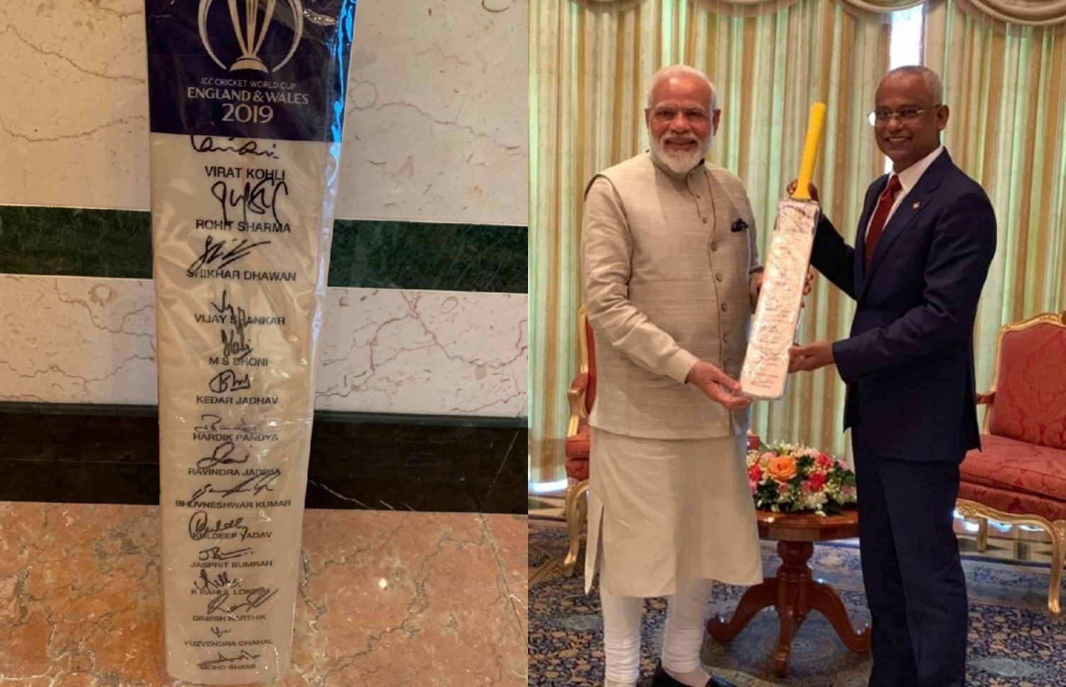 (ކ) އިންޑިއާގެ ބޮޑުވަޒީރު ނަރެންދުރަ މޯދީ (ވ) ރައީސް އިބްރާހިމް މުހައްމަދު ސޯލިހަށް ކްރިކެޓް ބެޓް ހަދިޔާކުރައްވަނީ. (ވ) މޯދީ ހަދިޔާކުރެއްވި ބެޓް.