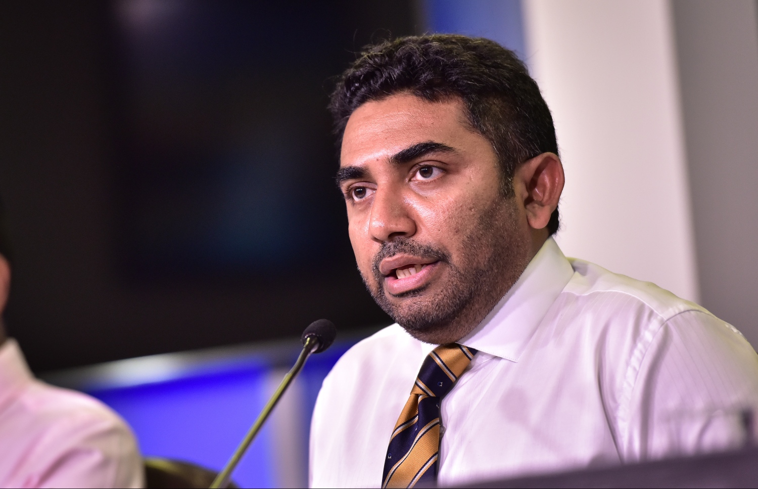 ހެލްތު މިނިސްޓަރު އަމީން މިއަދު ވާހަކަ ދައްކަވަނީ. --- ފޮޓޯ: ނިޝާން އަލީ/ މިހާރު