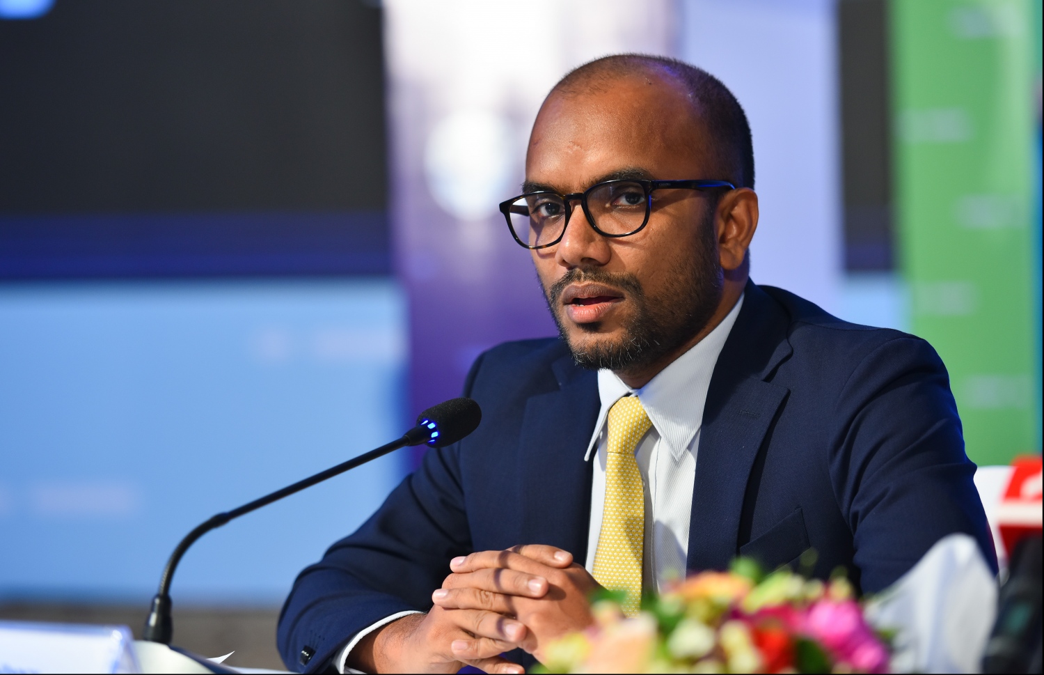 މޯލްޑިވްސް ޕާޓްނާޝިޕް ފޯރަމްގެ ކާމިޔާބީއާ ގުޅޭ ގޮތުން ފިނޭންސް މިނިސްޓަރު އަމީރު ނޫސްވެރިންނާ މިއަދު ވާހަކަ ދައްކަވަނީ.---ފޮޓޯ: ހުސައިން ވަހީދު/މިހާރު