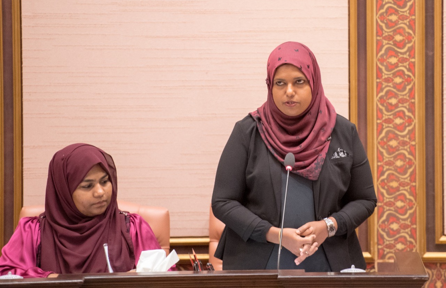 ޖެންޑަ މިނިސްޓަރު ޝިދާތާ ޝަރީފް މިއަދު މަޖިލިހުގައި ވާހަކަ ދައްކަވަނީ. --- ފޮޓޯ: މަޖިލިސް