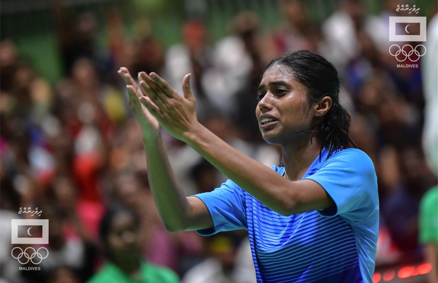 ރަން މެޑަލް ހޯދުމަށް ފަހު ނަބީހާ އުފާފާޅުކުރަނީ. --އެމްއޯސީ ފޮޓޯ: ނިޝާން އަލީ