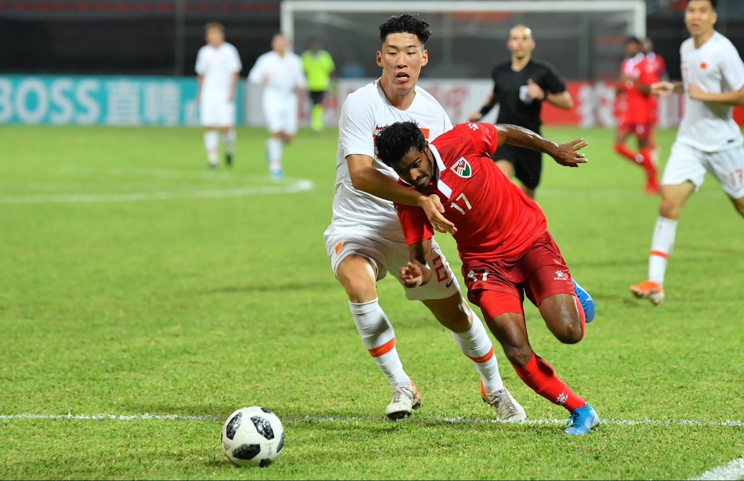 މާލެ: ސެޕްޓެމްބަރު 10، 2019: ވޯލްޑް ކަޕް ކޮލިފައިންގައި ދިވެހިރާއްޖެއާޢި ޗައިނާ ވާދަކުރި މެޗުގެ ތެރެއިން: މިމެޗު 5-0 އިން ކާމިޔާބުކުރީ ޗައިނާ.---ފޮޓޯ: ހުސައިން ވަހީދު /މިހާރު