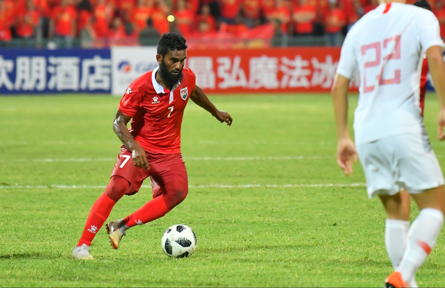 މާލެ: ސެޕްޓެމްބަރު 10، 2019: ވޯލްޑް ކަޕް ކޮލިފައިންގައި ދިވެހިރާއްޖެއާޢި ޗައިނާ ވާދަކުރި މެޗުގެ ތެރެއިން: މިމެޗު 5-0 އިން ކާމިޔާބުކުރީ ޗައިނާ.---ފޮޓޯ: ހުސައިން ވަހީދު /މިހާރު