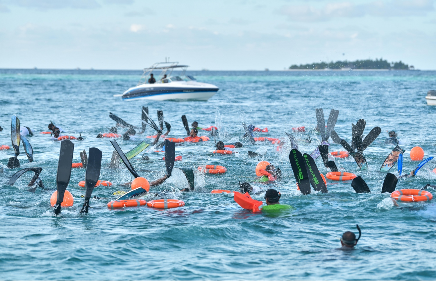 ބަރޮސް: އޮކްޓޯބަރު 1، 2019 : އެންމެ ގިނަ ޑައިވަރުން އެއް ފަހަރާ ފްރީޑައިވް ކުރުމުގެ ދުނިޔޭގެ ރެކޯޑު މުގުރާލަން ބަރޮސް މޯލްޑިވްސްގައި ކުރިއަށްގެންދިޔަ ހަރަކާތުގައި ބައިވެރިވި ޑައިވަރުން ފީނަނީ--. ފޮޓޯ:ނިޝާން އަލީ/މިހާރު