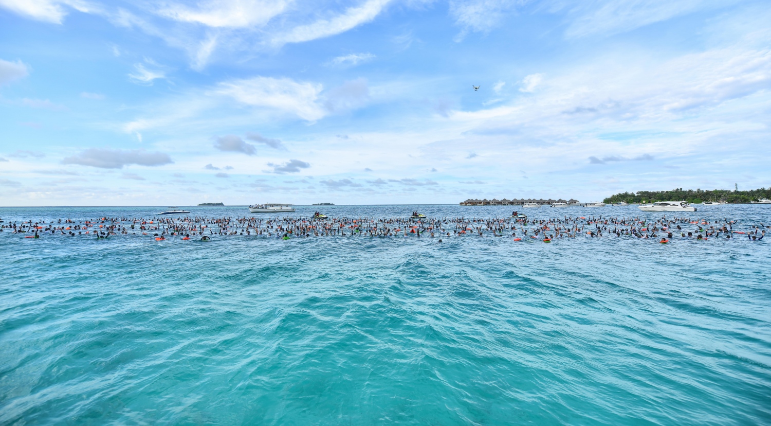 ބަރޮސް: އޮކްޓޯބަރު 1، 2019 : އެންމެ ގިނަ ޑައިވަރުން އެއް ފަހަރާ ފްރީޑައިވް ކުރުމުގެ ދުނިޔޭގެ ރެކޯޑު މުގުރާލަން ބަރޮސް މޯލްޑިވްސްގައި ކުރިއަށްގެންދިޔަ ހަރަކާތުގައި ބައިވެރިވި ބައެއް ޑައިވަރުން މޫދުގައި. --ފޮޓޯ:ނިޝާން އަލީ/މިހާރު