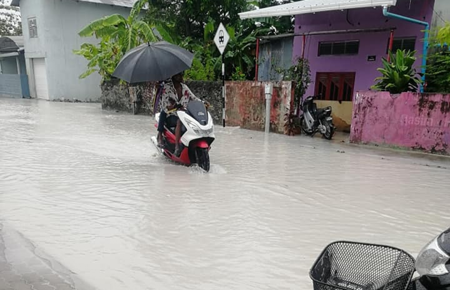 އޮކްޓޫބަރު 12، 2019- މި ދެ ދުވަހު އައްޑު އަށް ކުރި ގަދަ ވިއްސާރައިގައި މަގެއްގައި ފެންބޮޑުވެފައިވާއިރު، މީހަކު ކުޑަ އަޅައިގެން ސައިކަލްގައި ދަނީ: އައްޑޫގެ ގިނަ މަގުތަކުގައި ފެންބޮޑުވެ، ހިނގައިބިނގާ އުޅުމަށް ވަނީ ވަރަށް ބޮޑަށް ދަތިވެފައި.