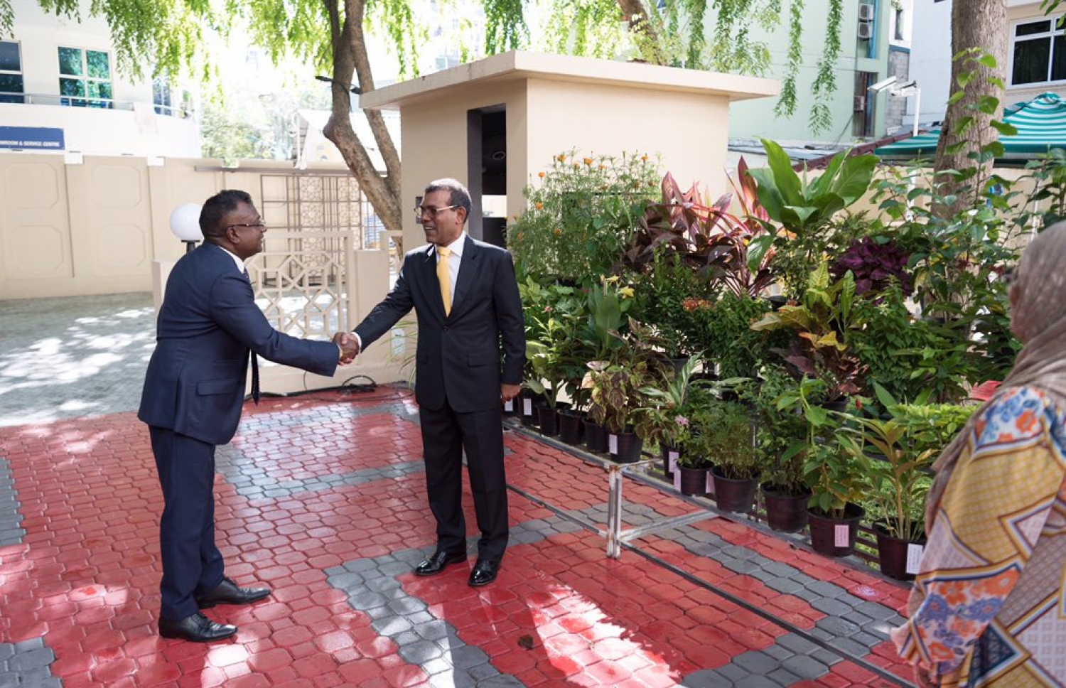 ކާށިދޫ ދާއިރާގެ މެމްބަރު ޖާބިރު (ވ) މަޖިލީހަށް ގަސްތަކެއް ހަދިޔާކުރެއްވުމަށްފަހު މަޖިލީހުގެ ރައީސް ނަޝީދާ ސަލާމްކުރައްވަނީ .-- ފޮޓޯ: މަޖިލިސް