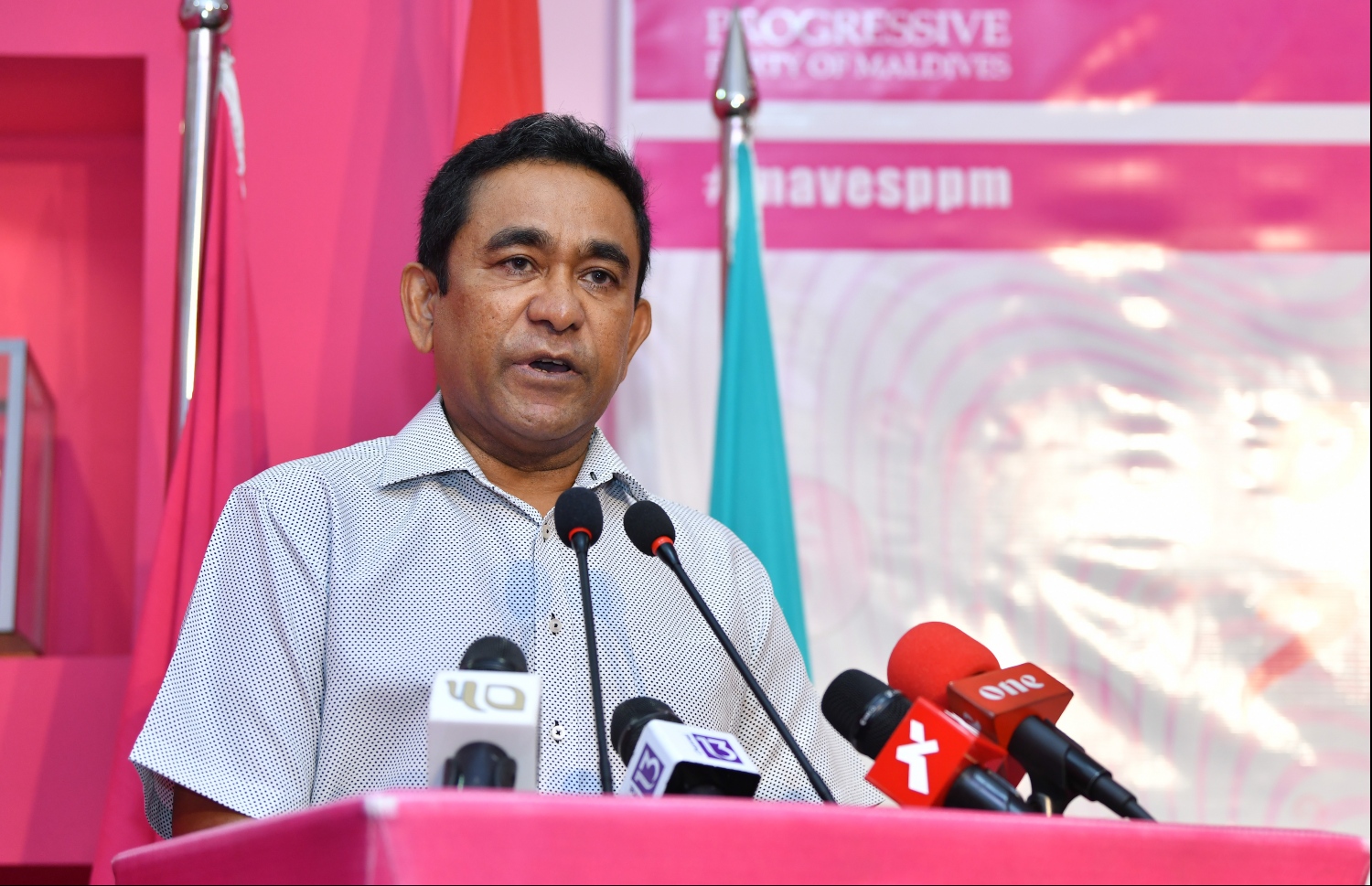 ޕީޕީއެމް އޮފީހުގައި މިރޭ ބޭއްވި ޖަލްސާގައި ޔާމީން ވާހަކަފުޅު ދައްކަވަނީ. --- ފޮޓޯ: ހުސެއިން ވަހީދު/ މިހާރު