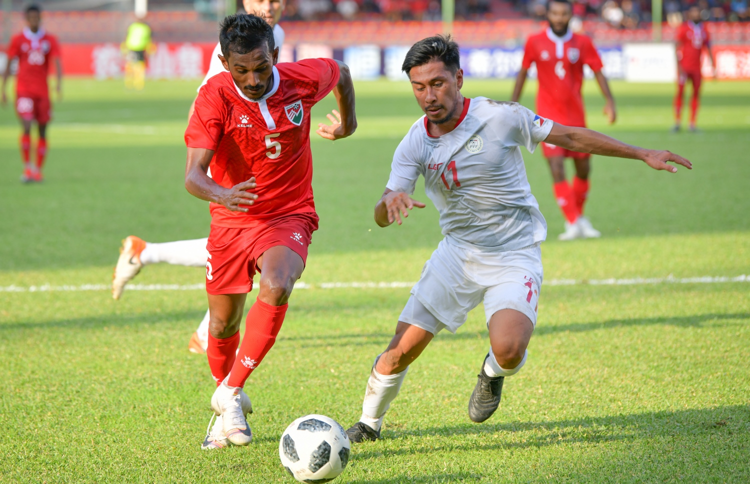 މާލެ: 14 ނޮވެމްބަރ 2019: ވޯލްޑް ކަޕް ކޮލިފައިންގައި ދިވެހިރާއްޖެ އާއި ފިލިޕީންސް ބައްދަލުކުރި މެޗުގެ ތެރެއިން: މިމެޗު 2-1 އިން ކާމިޔާބުކުރީ ފިލިޕީންސް . -ފޮޓޯ:ނިޝާން އަލީ /މިހާރު