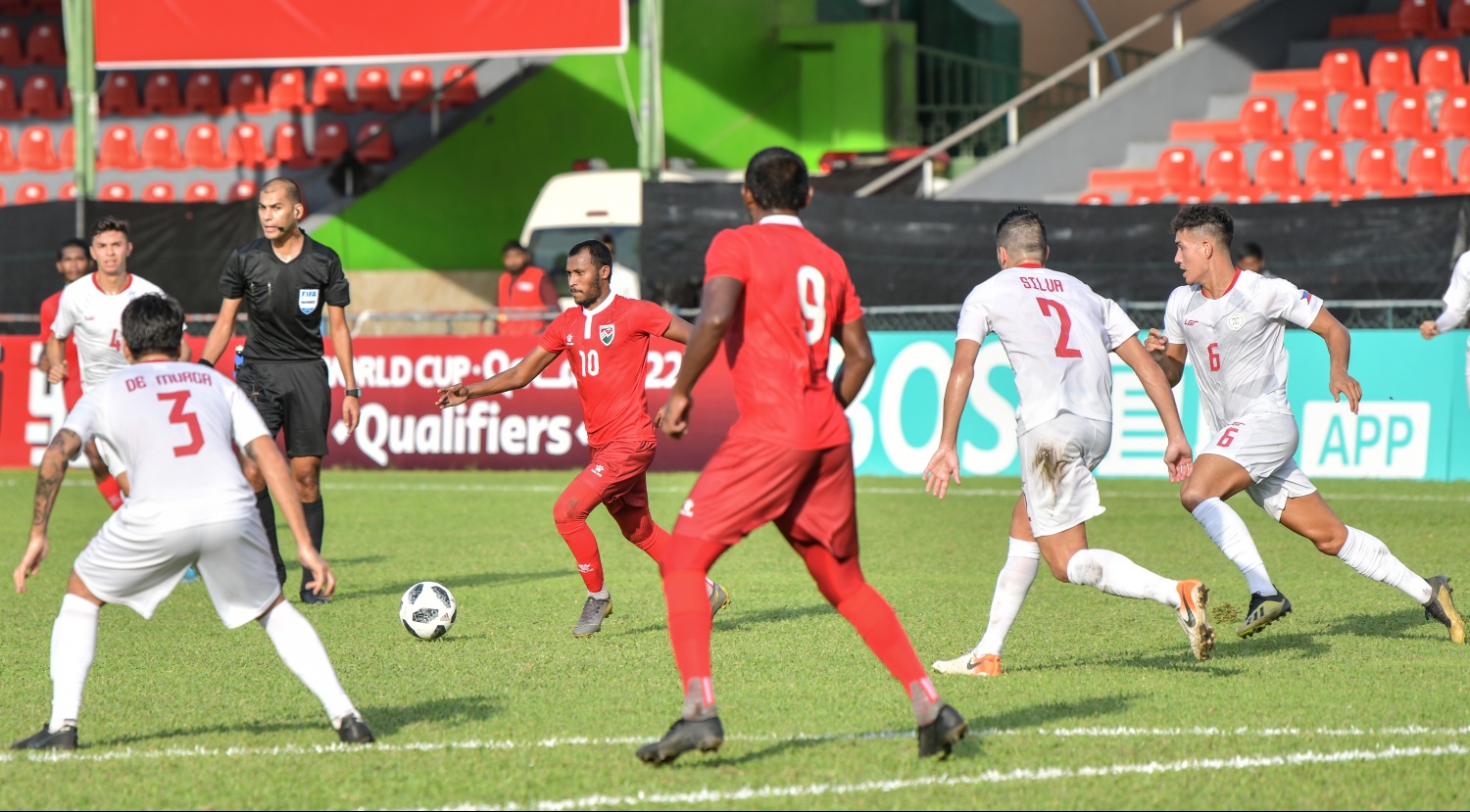 މާލެ: 14 ނޮވެމްބަރ 2019: ވޯލްޑް ކަޕް ކޮލިފައިންގައި ދިވެހިރާއްޖެ އާއި ފިލިޕީންސް ބައްދަލުކުރި މެޗުގެ ތެރެއިން: މިމެޗު 2-1 އިން ކާމިޔާބުކުރީ ފިލިޕީންސް . -ފޮޓޯ:ނިޝާން އަލީ /މިހާރު